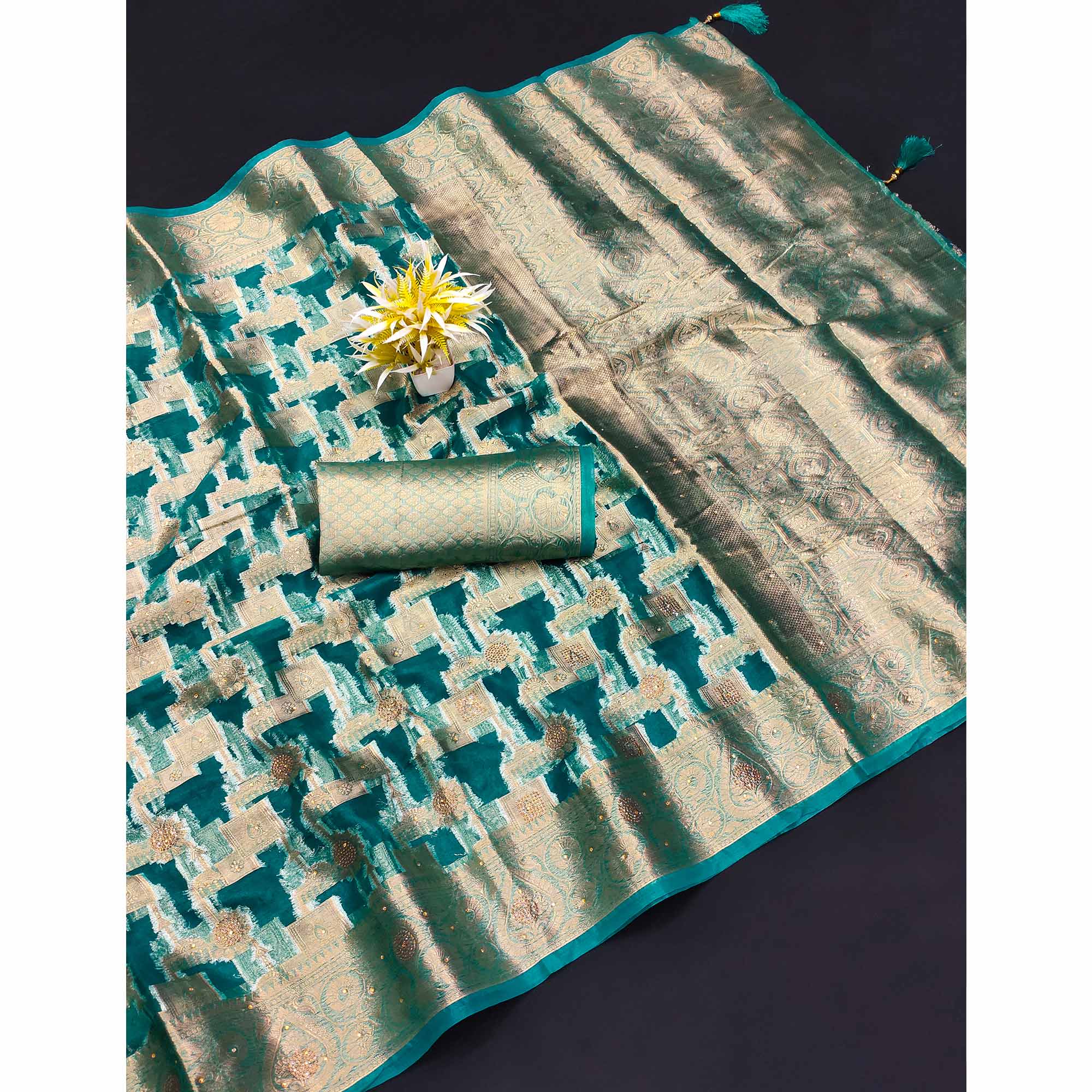 Teal Stone Work Woven Organza Jacquard Saree