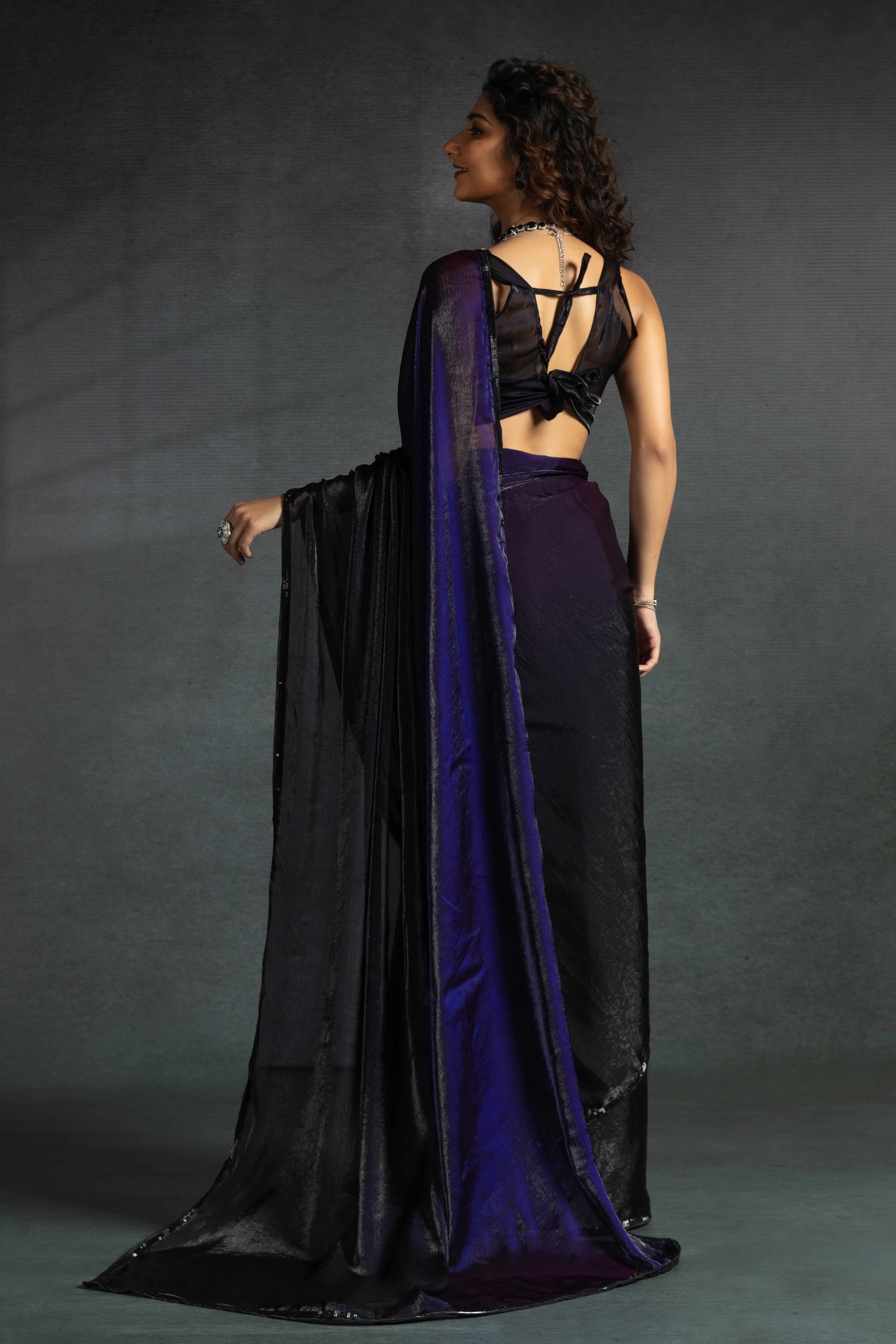 Violet Satin Ready To Wear Saree with Soft Ombre Tones and Intricate Stone Border