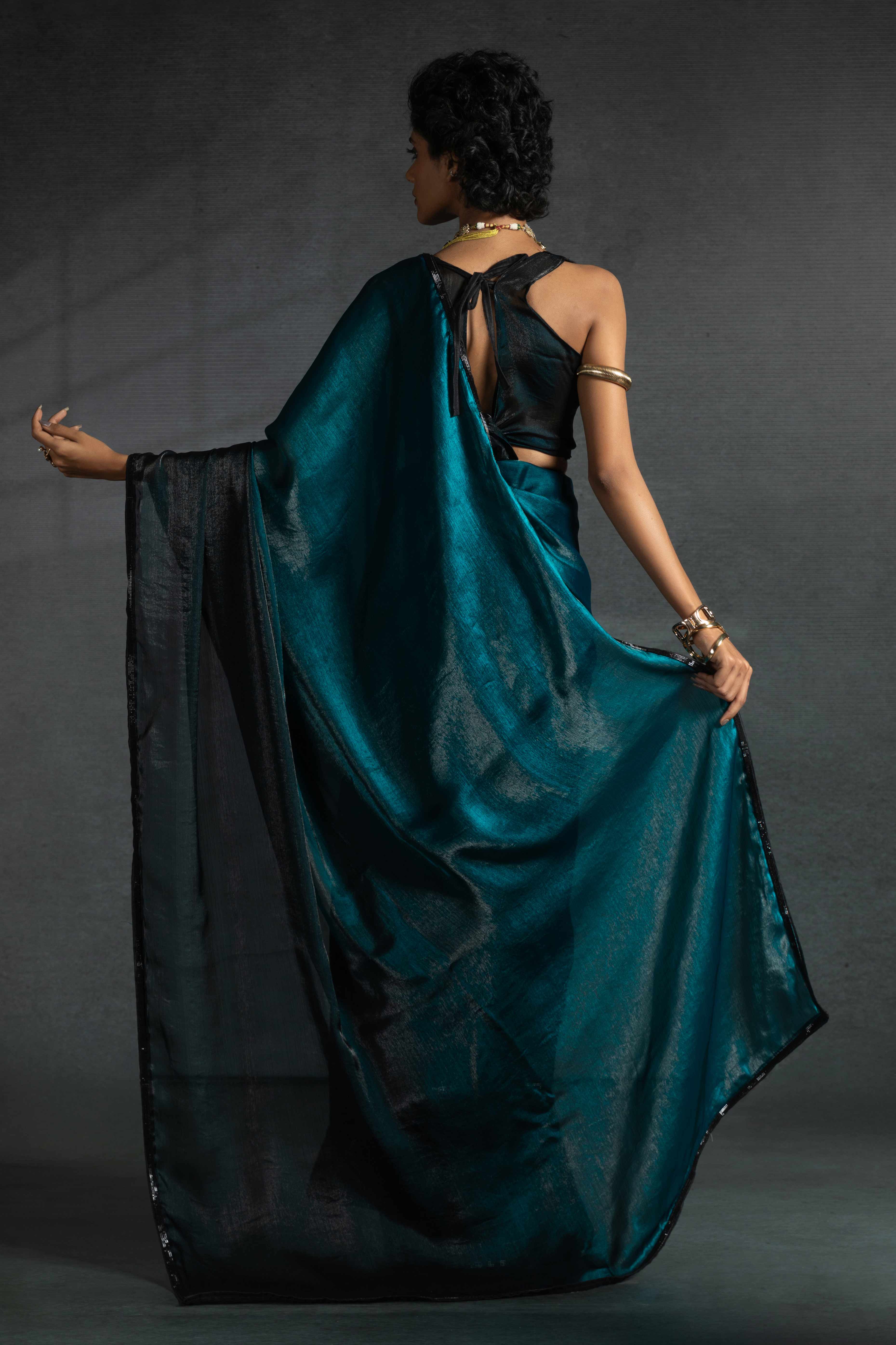 Teal Satin Ready To Wear Saree with Soft Ombre Tones and Intricate Stone Border