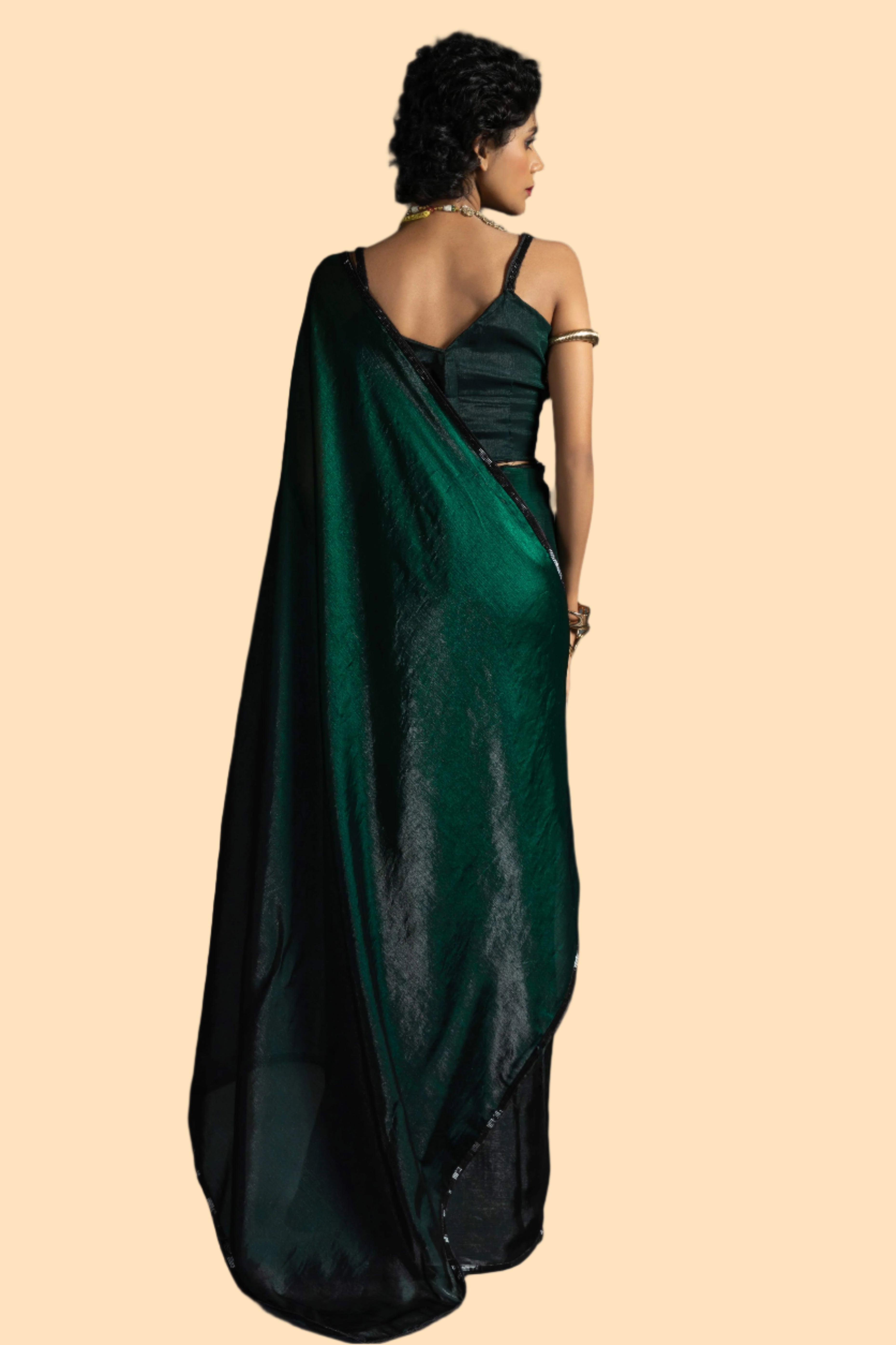 Bottle Green Satin Ready To Wear Saree with Soft Ombre Tones and Intricate Stone Border