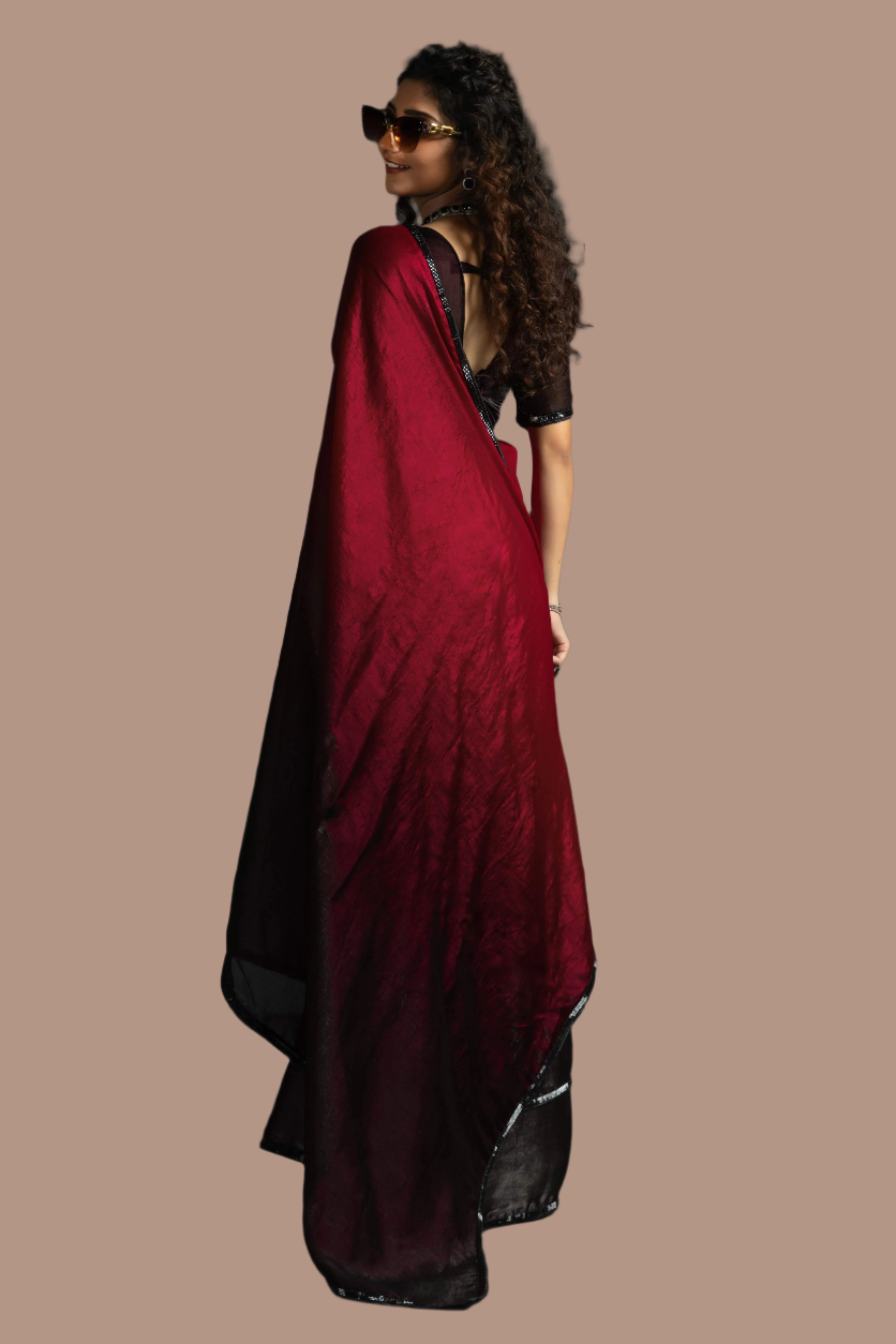 Maroon Satin Ready To Wear Saree with Soft Ombre Tones and Intricate Stone Border