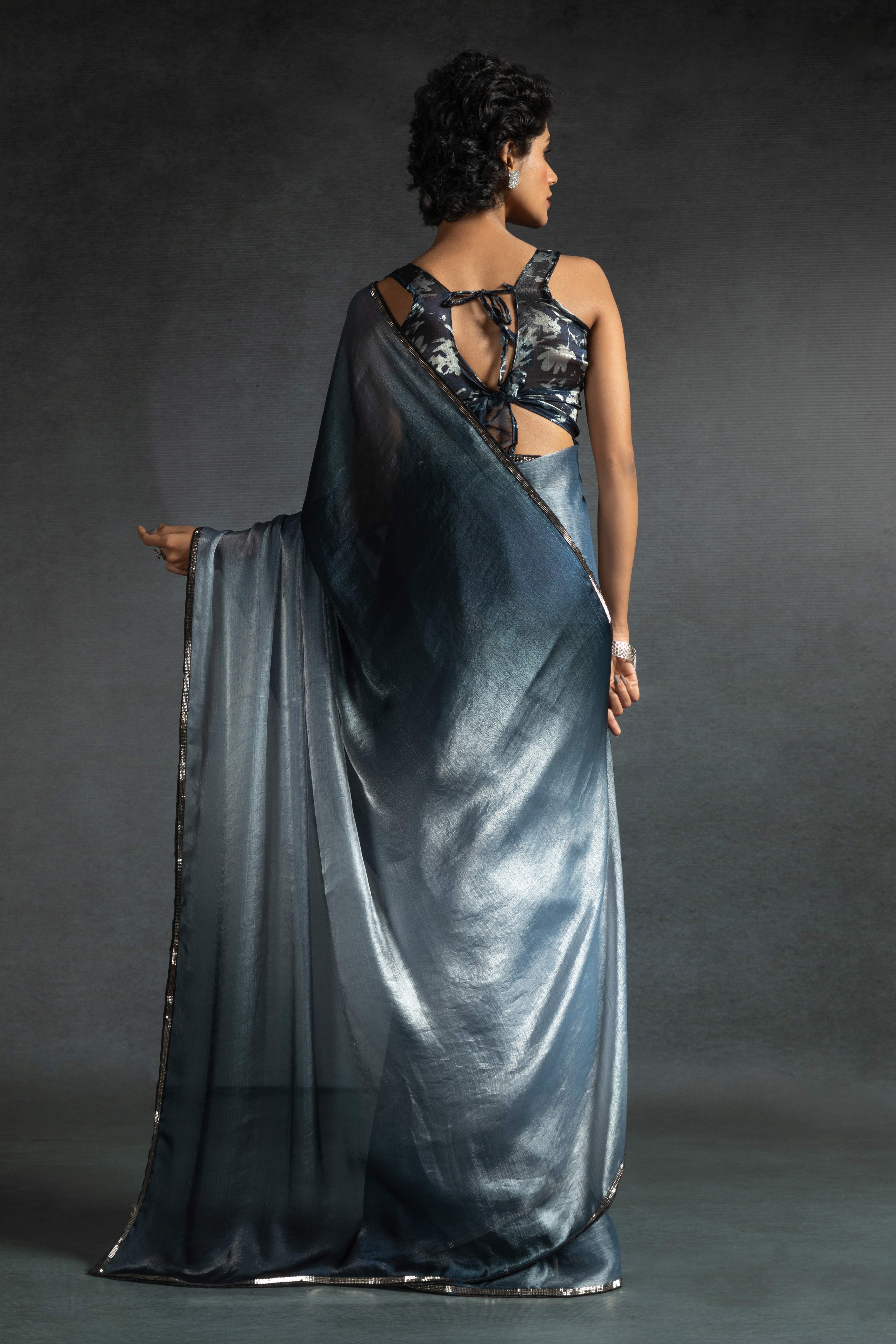 Bluish Grey Solid With Stone Work Satin Silk Ombre Ready To Wear Saree