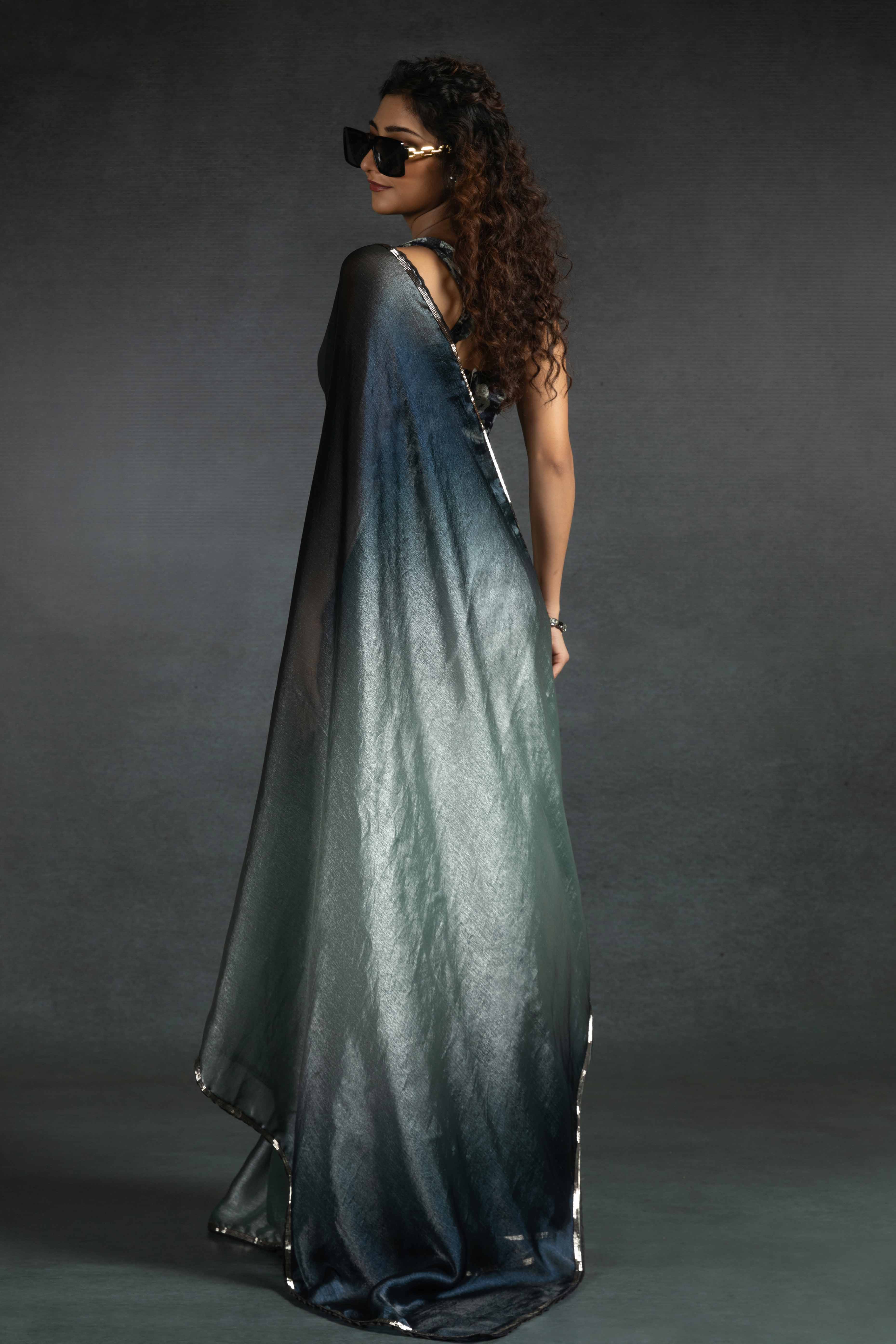Pastel Grey Solid With Stone Work Satin Silk Ombre Ready To Wear Saree