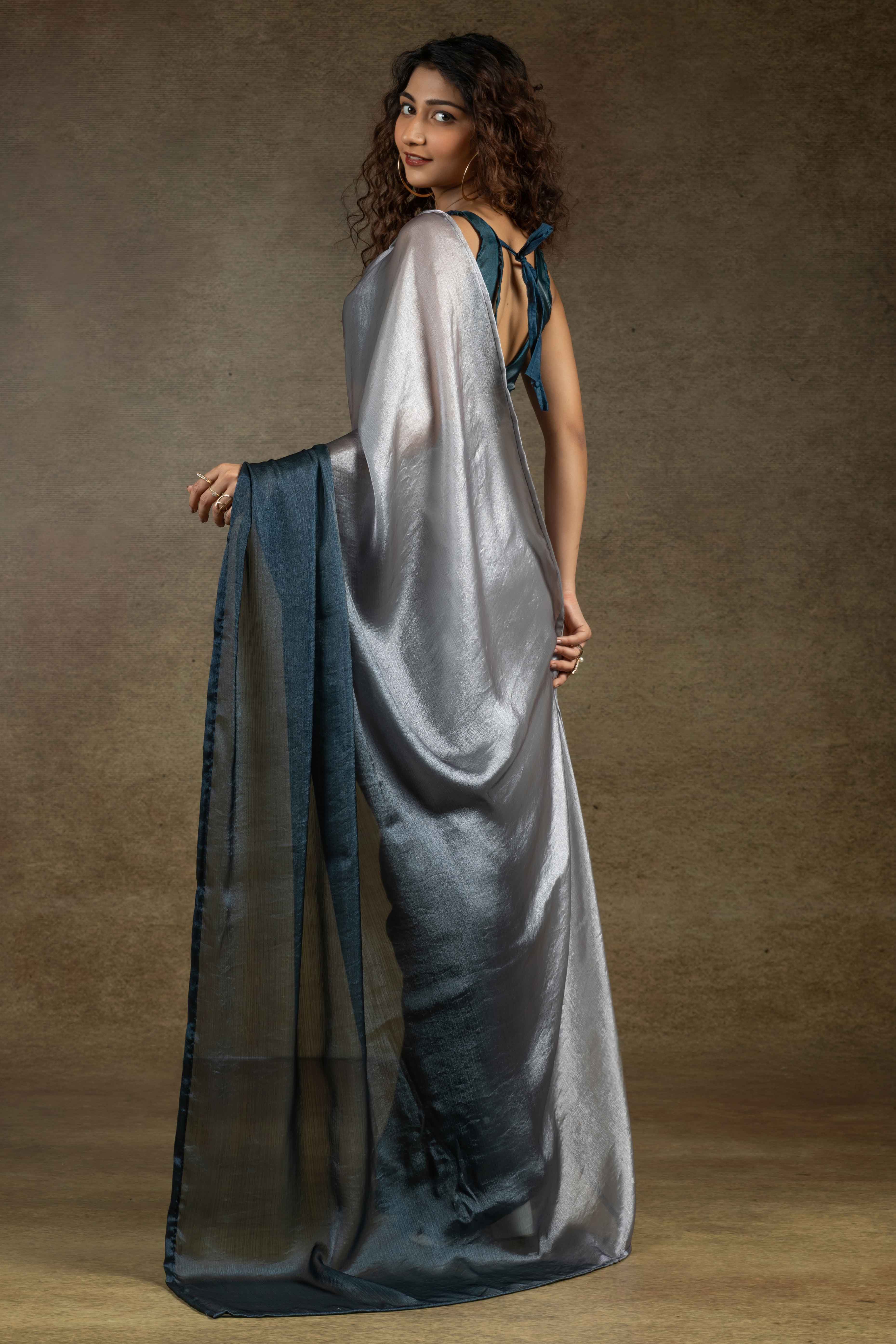 Grey & Teal Ombre Satin Saree in Solid Finish with Ready-to-Wear Silhouette