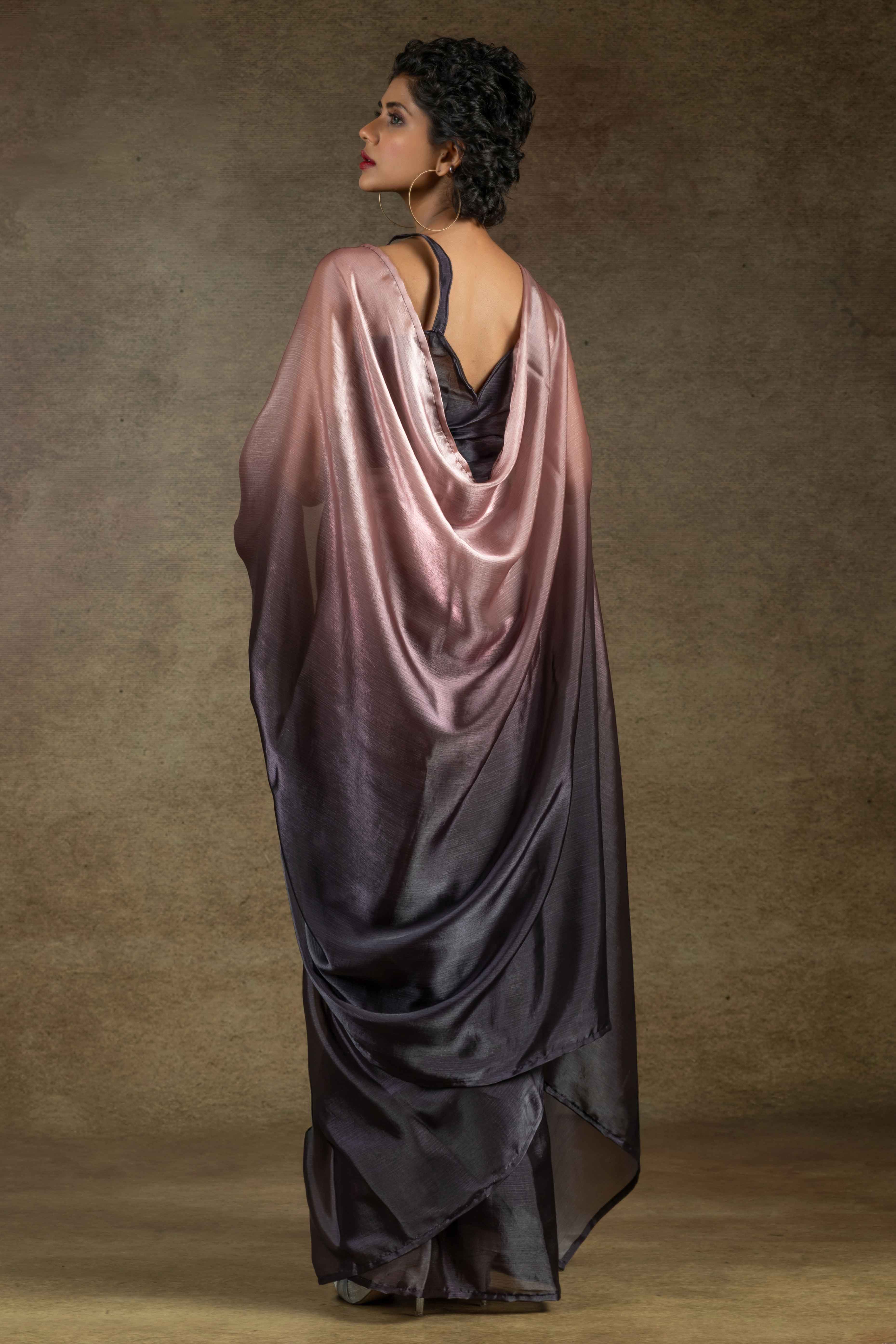 Peach & Brown Ombre Satin Saree in Solid Finish with Ready-to-Wear Silhouette