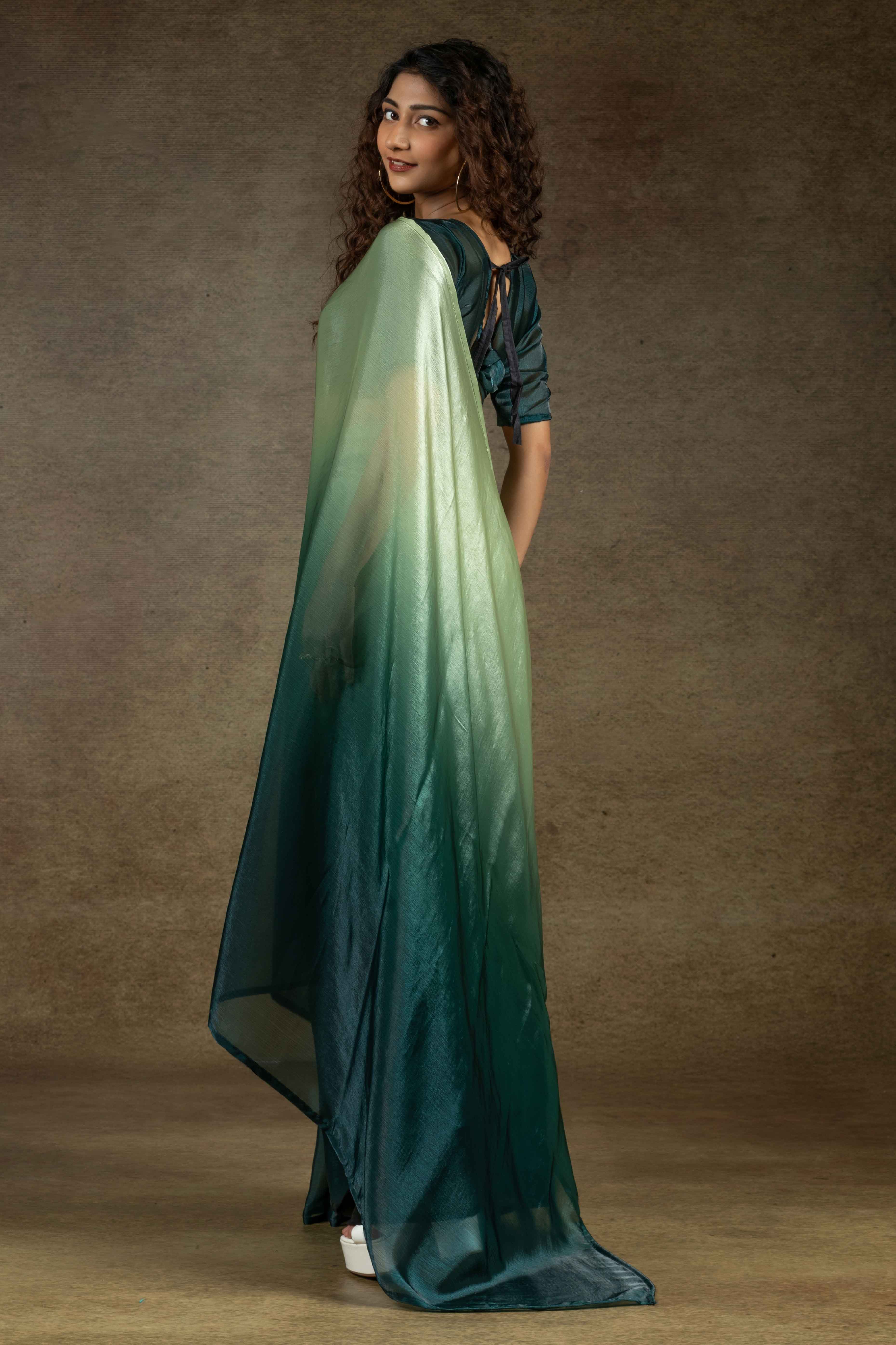 Pista Green & Bottle Green Ombre Satin Saree in Solid Finish with Ready-to-Wear Silhouette