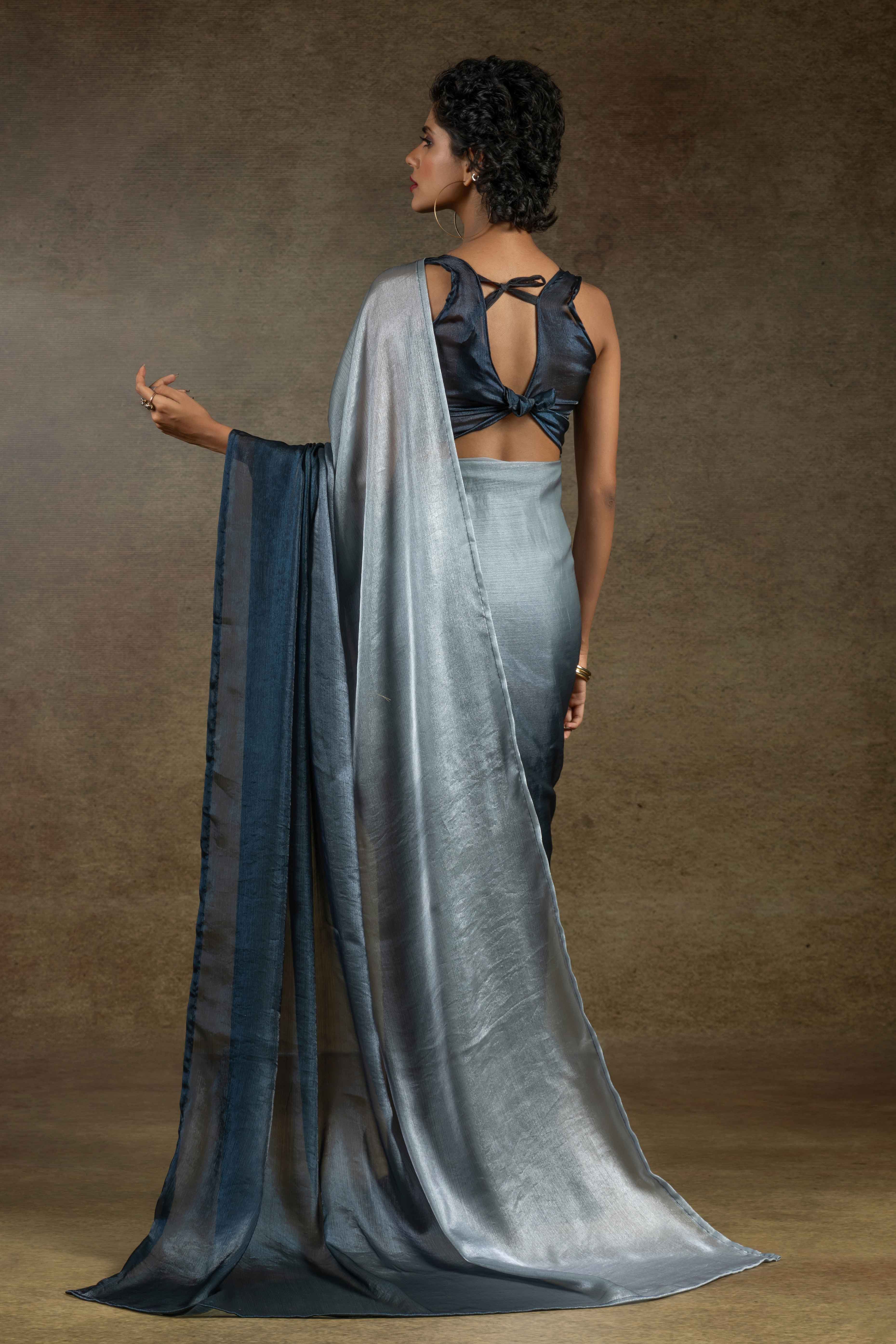 Grey & Navy Blue Ombre Satin Saree in Solid Finish with Ready-to-Wear Silhouette