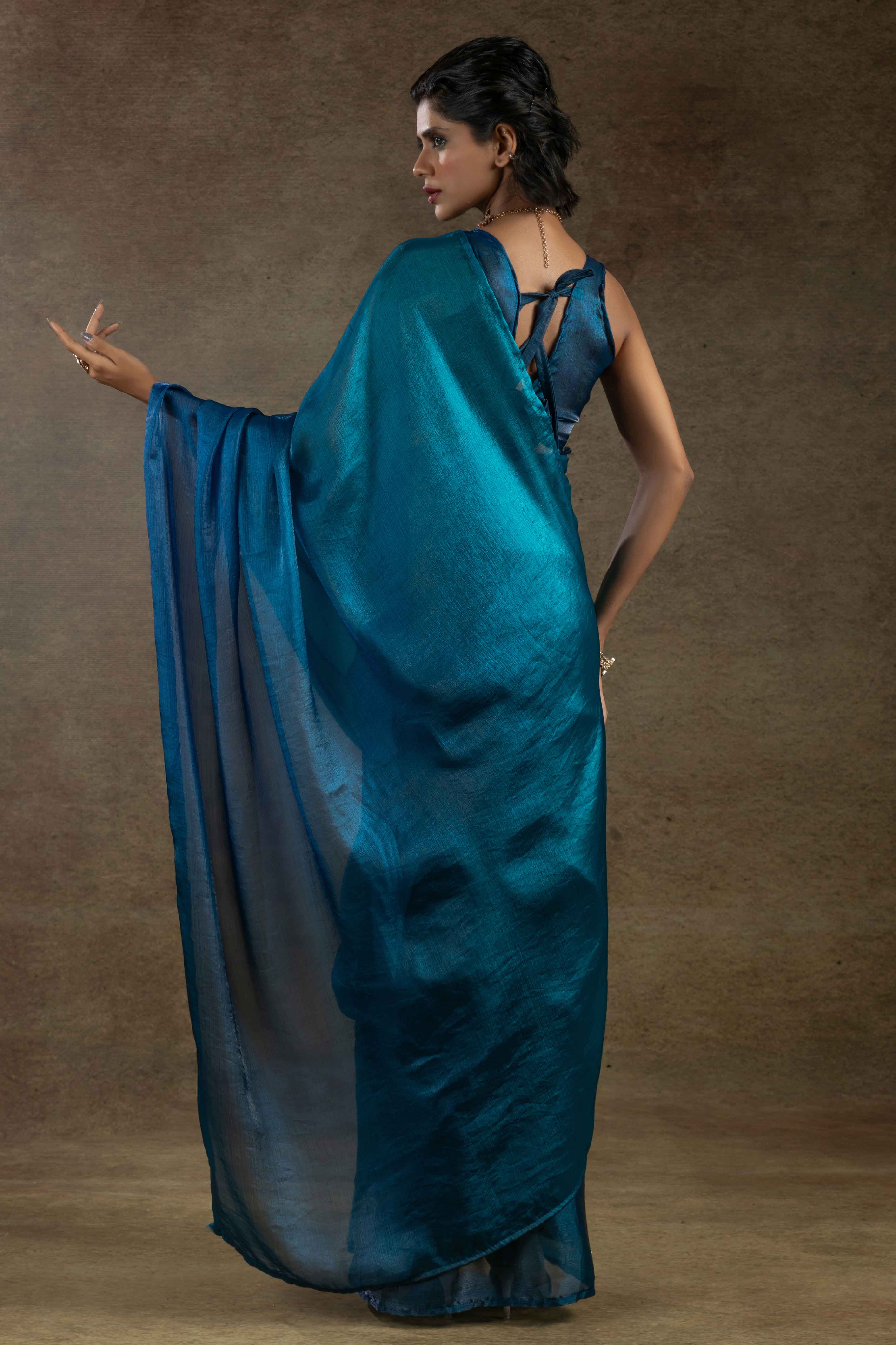 Sky Blue Ready-to-Wear Chiffon Saree in Minimal Solid Pattern for a Classy Vibe