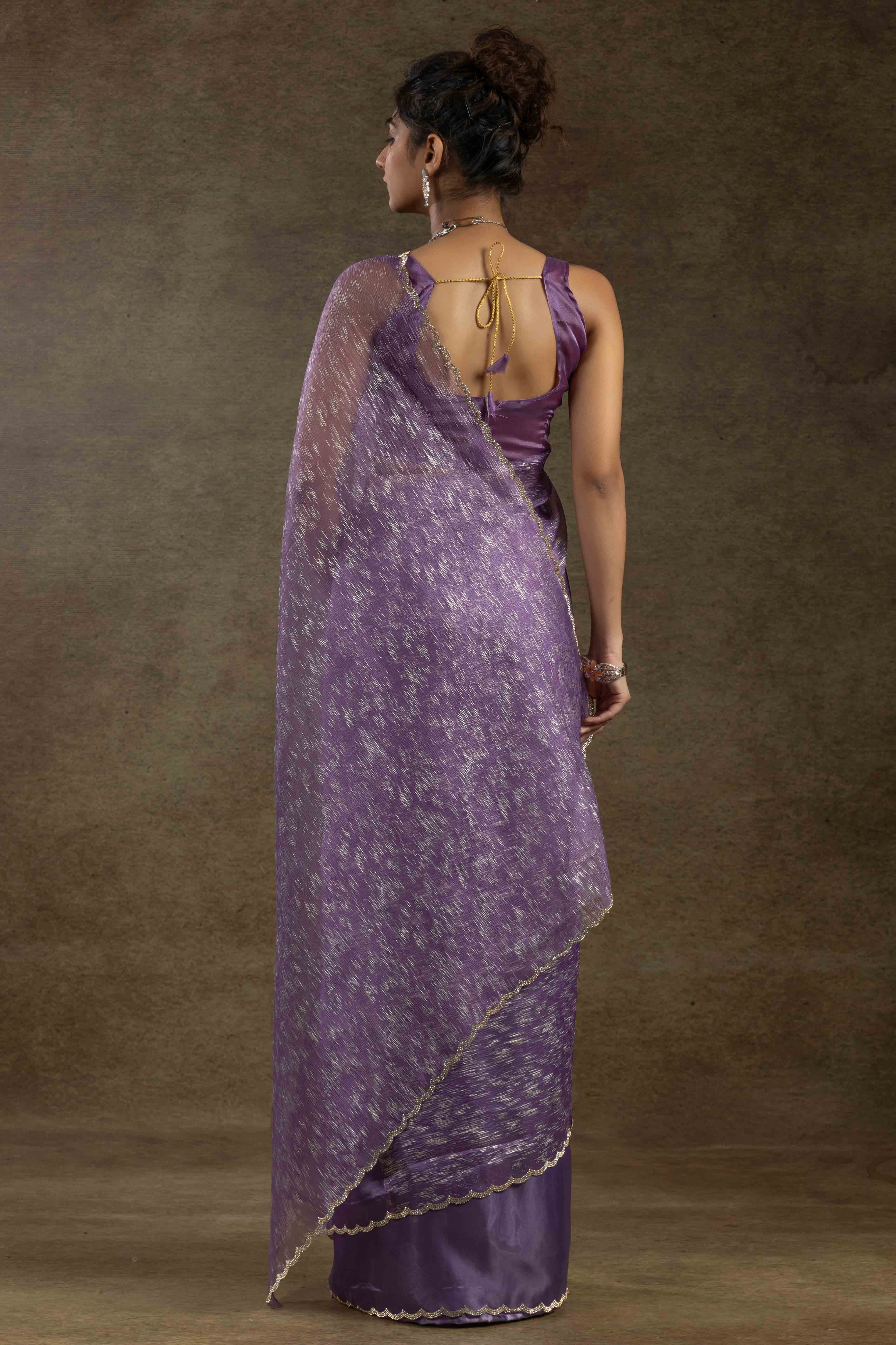 Lavender Crush Foil Print With Delicate Zarkan Border Organza Ready To Wear Saree