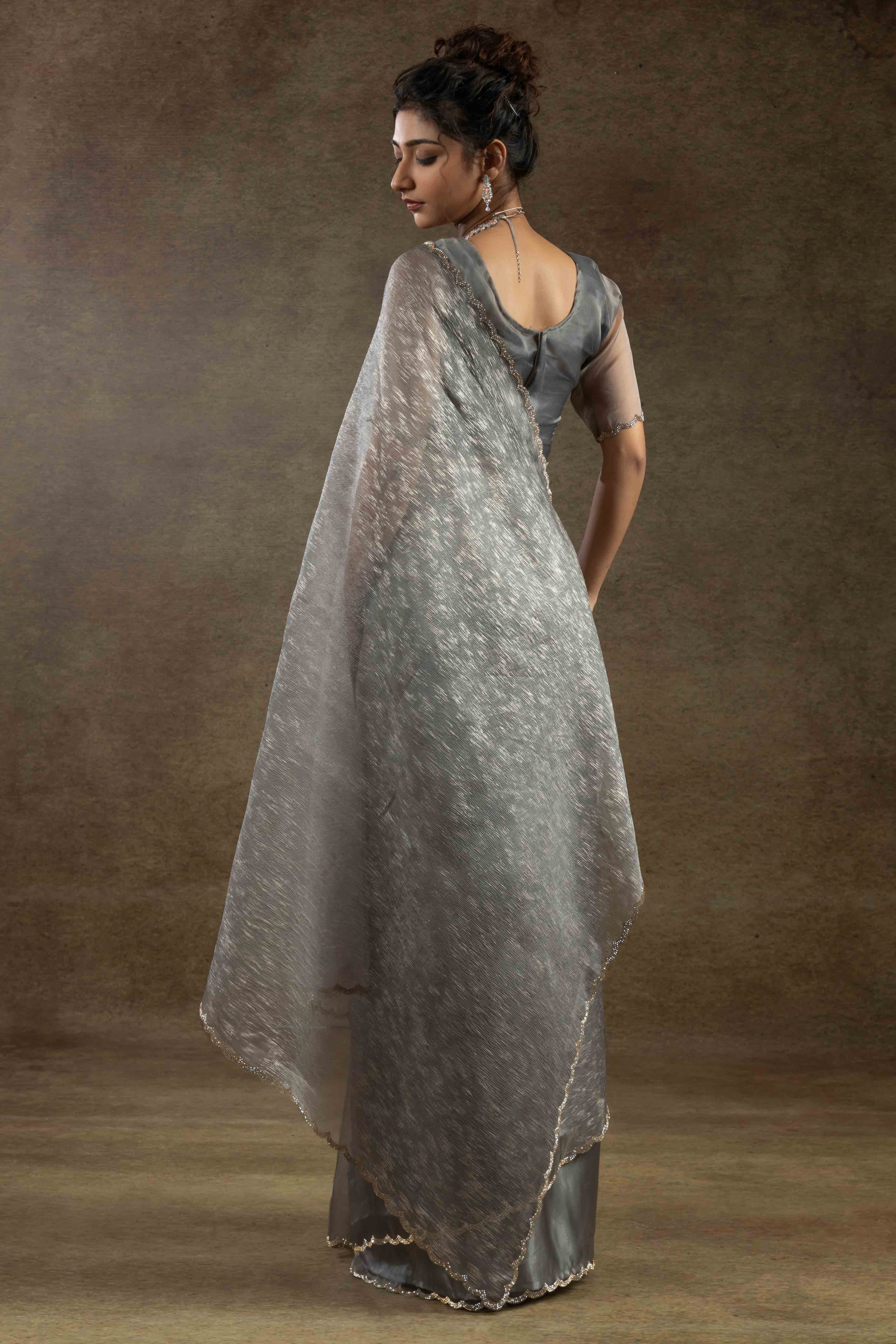 Grey Crush Foil Print With Delicate Zarkan Border Organza Ready To Wear Saree