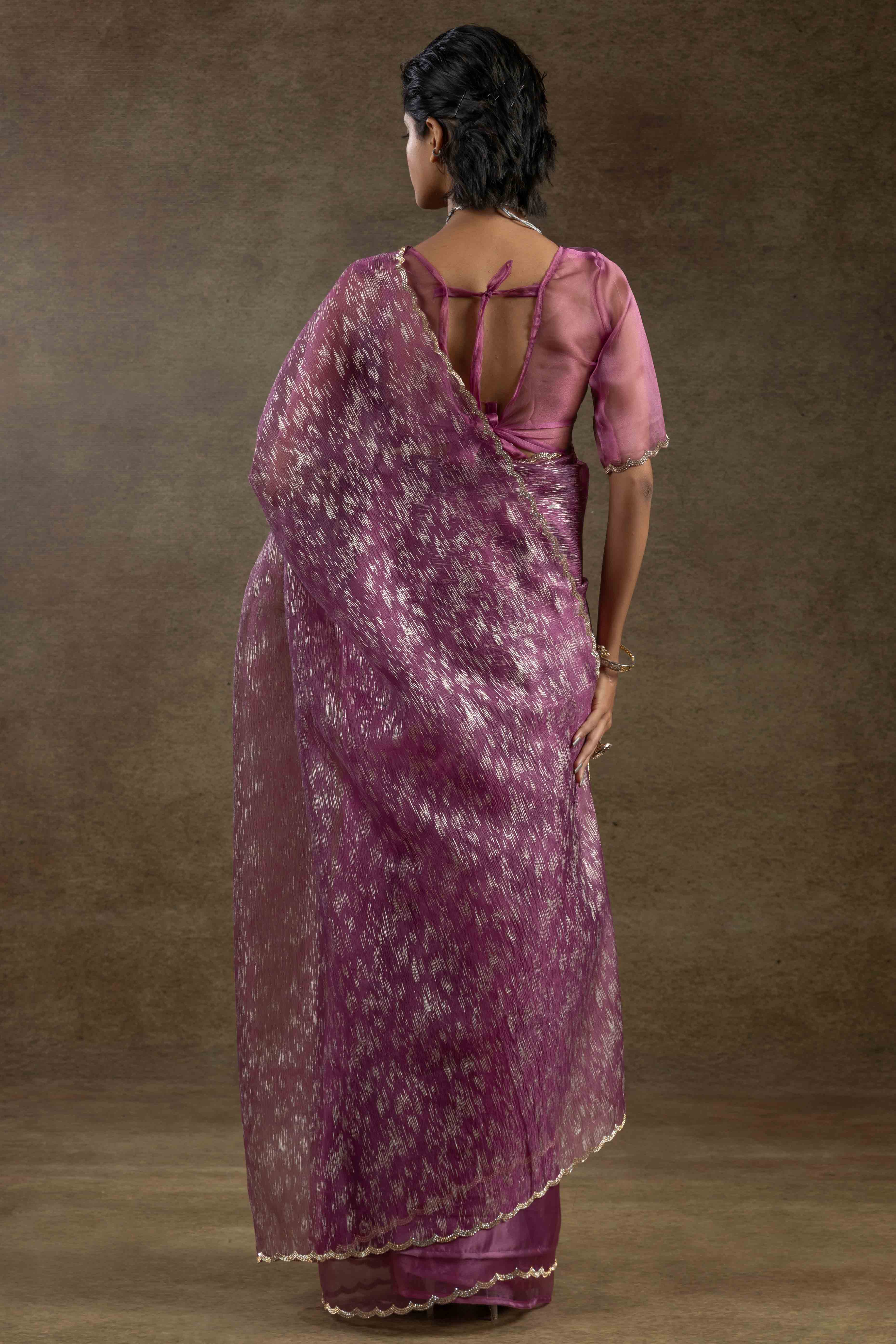 Purple Crush Foil Print With Delicate Zarkan Border Organza Ready To Wear Saree