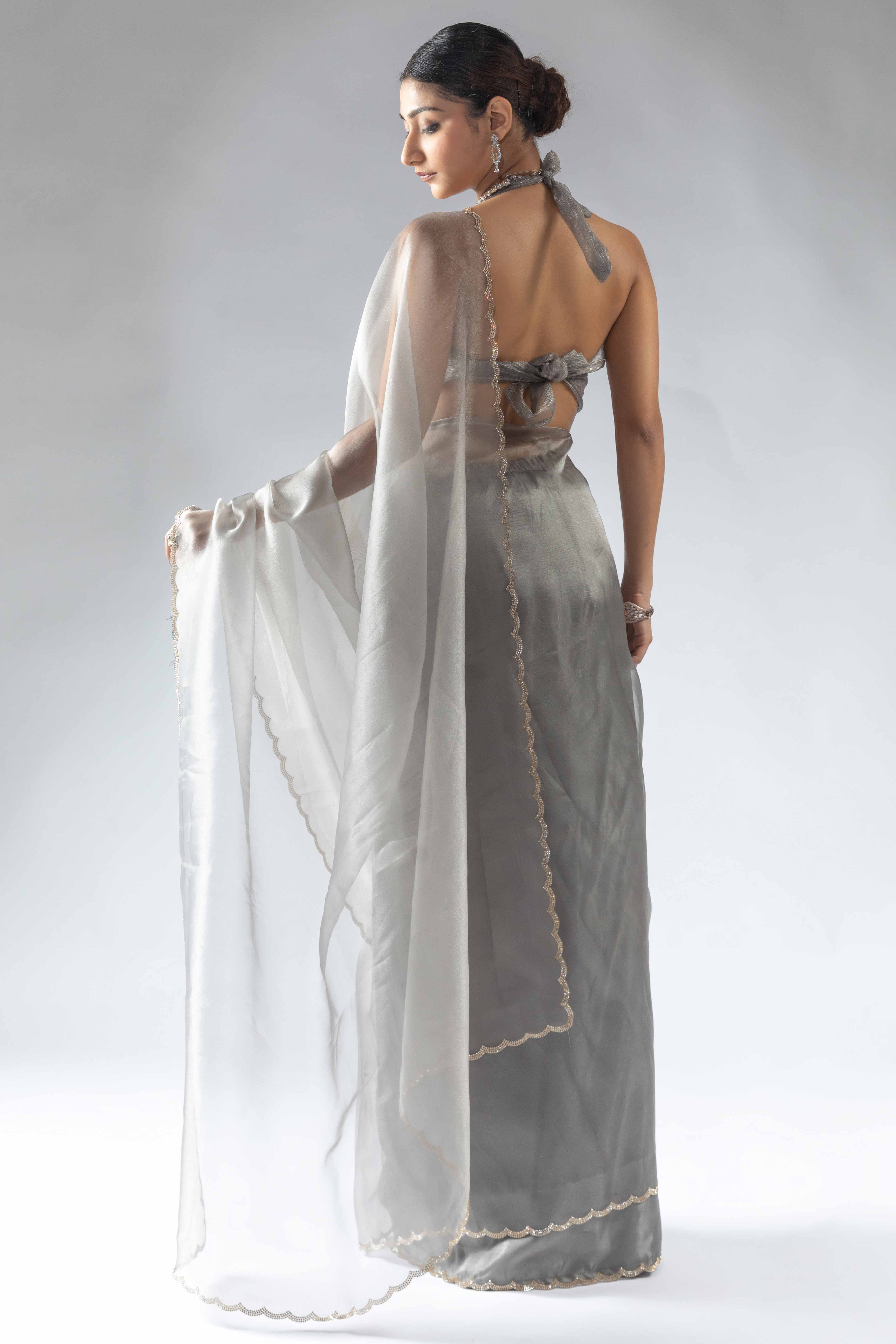 Smoke Grey Solid With Intricate Zarkan Border Organza Ready To Wear Saree