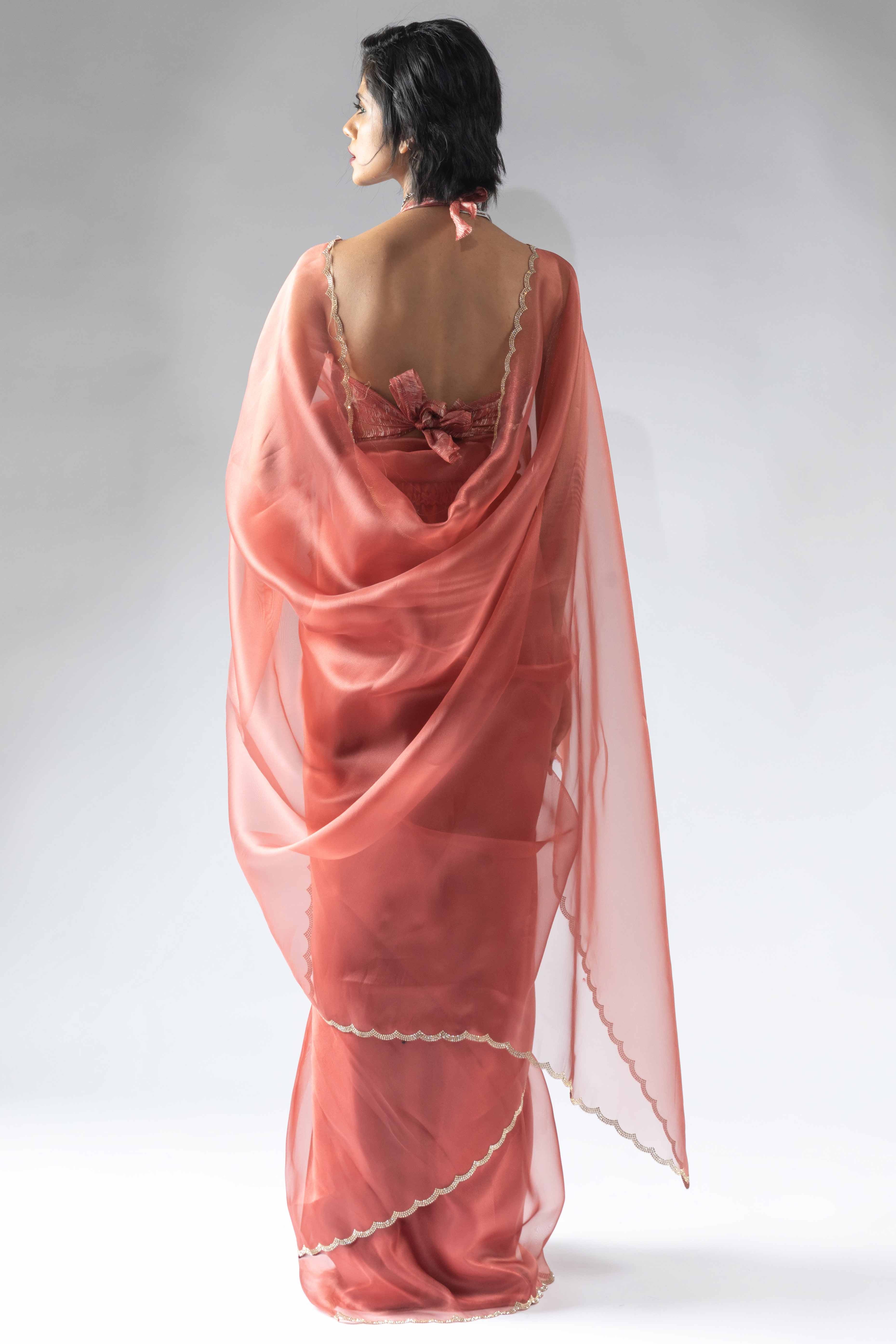 Peach Solid With Intricate Zarkan Border Organza Ready To Wear Saree