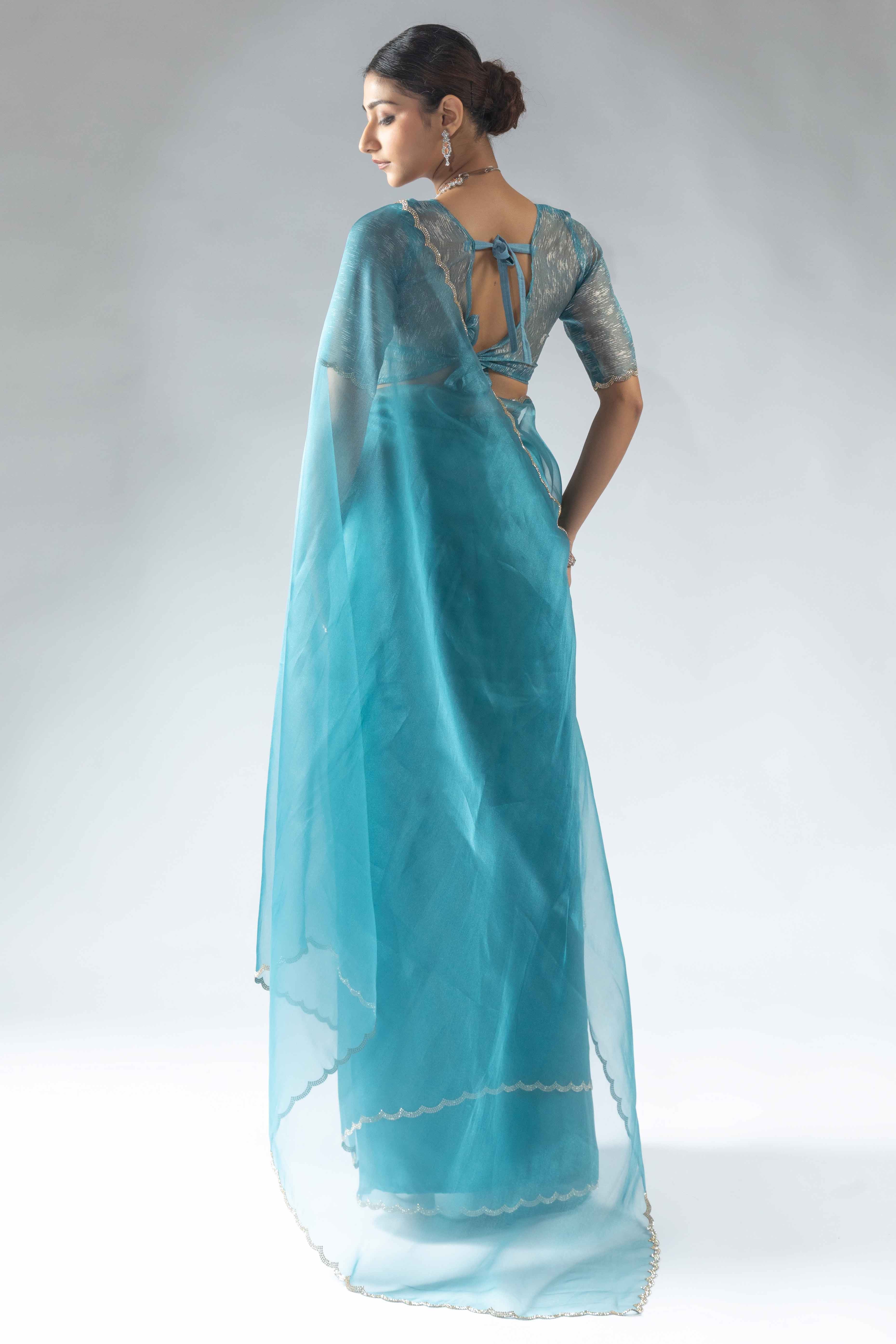 Blue Solid With Intricate Zarkan Border Organza Ready To Wear Saree