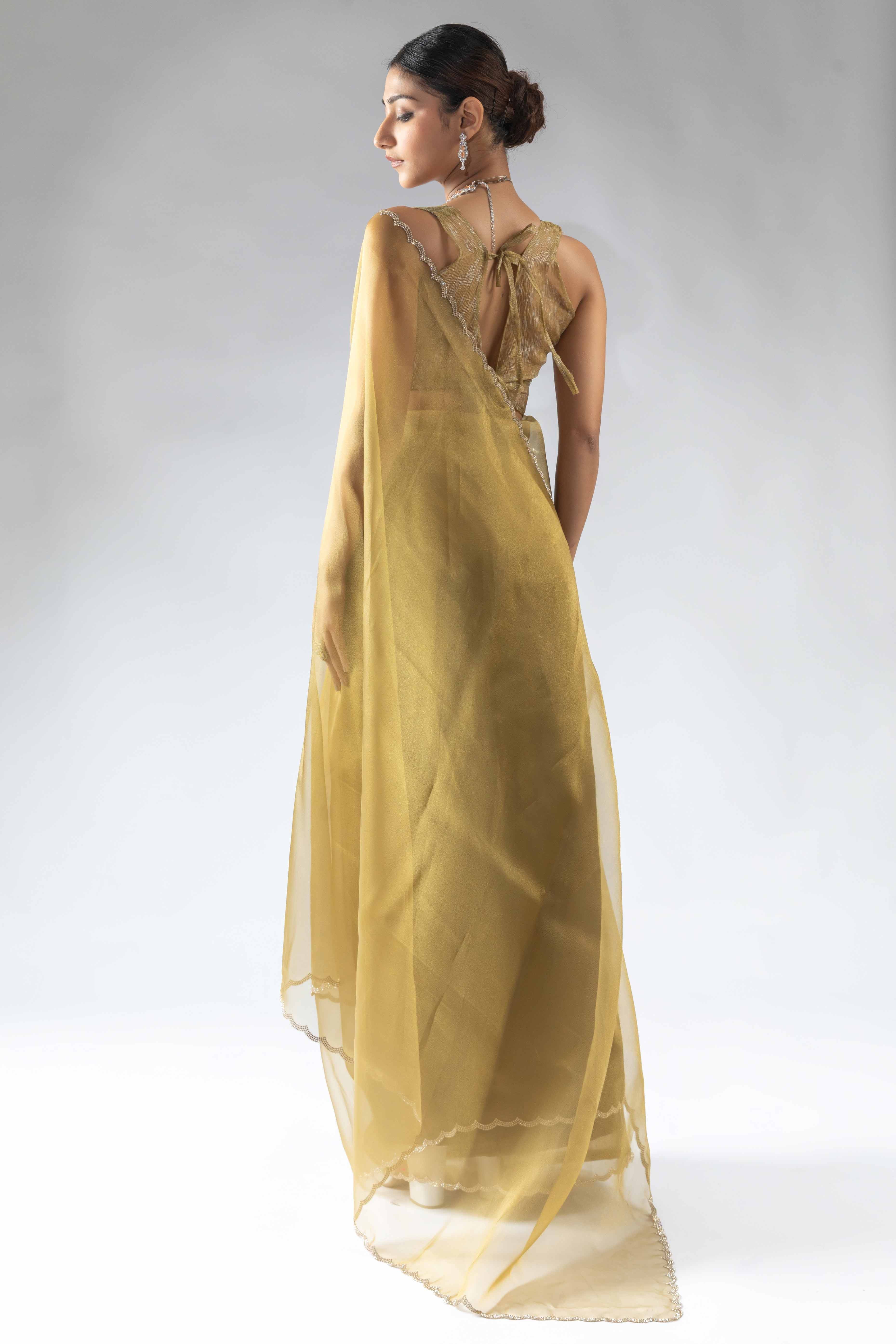 Golden Bronze  Solid With Intricate Zarkan Border Organza Ready To Wear Saree