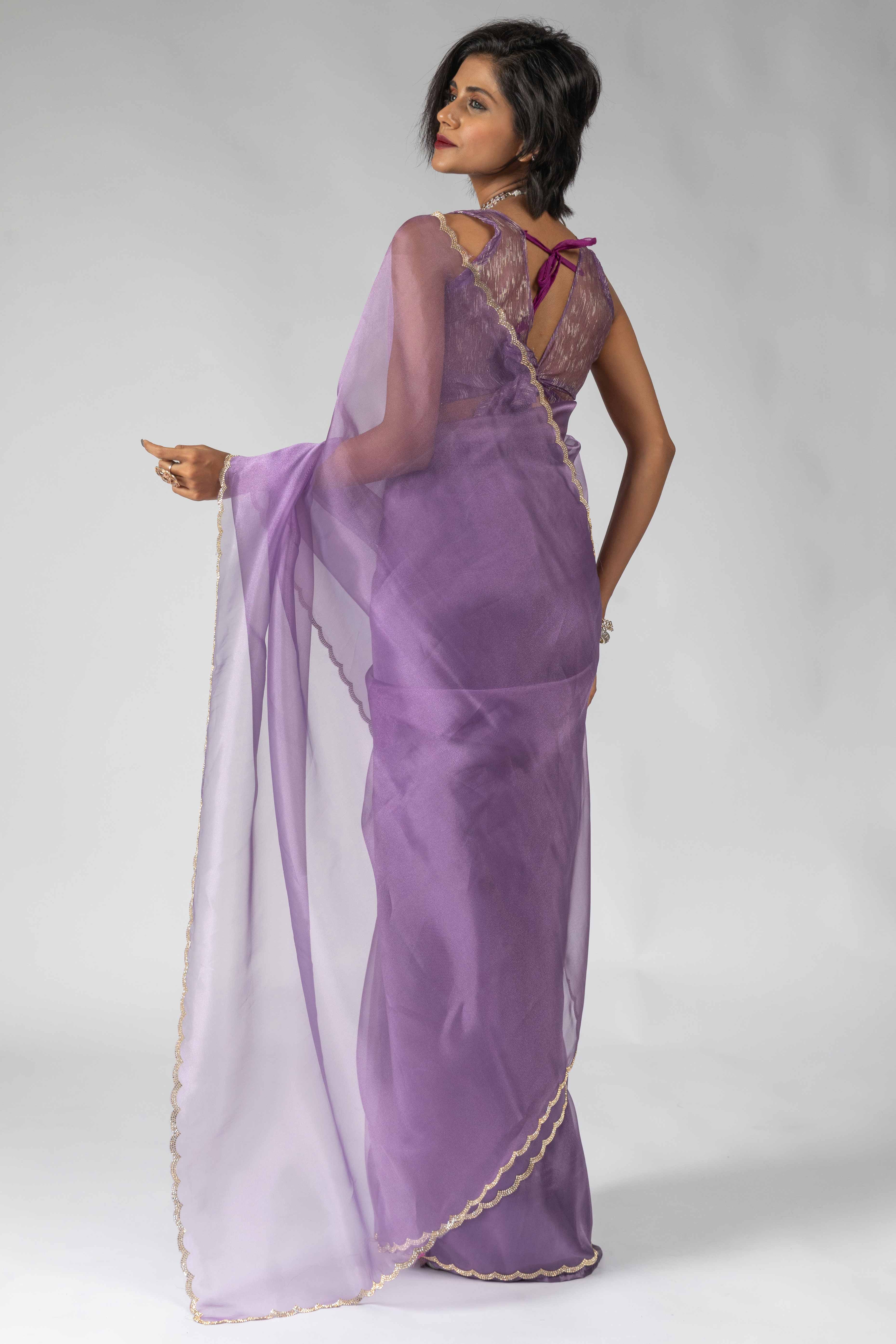 Lavender Solid With Intricate Zarkan Border Organza Ready To Wear Saree