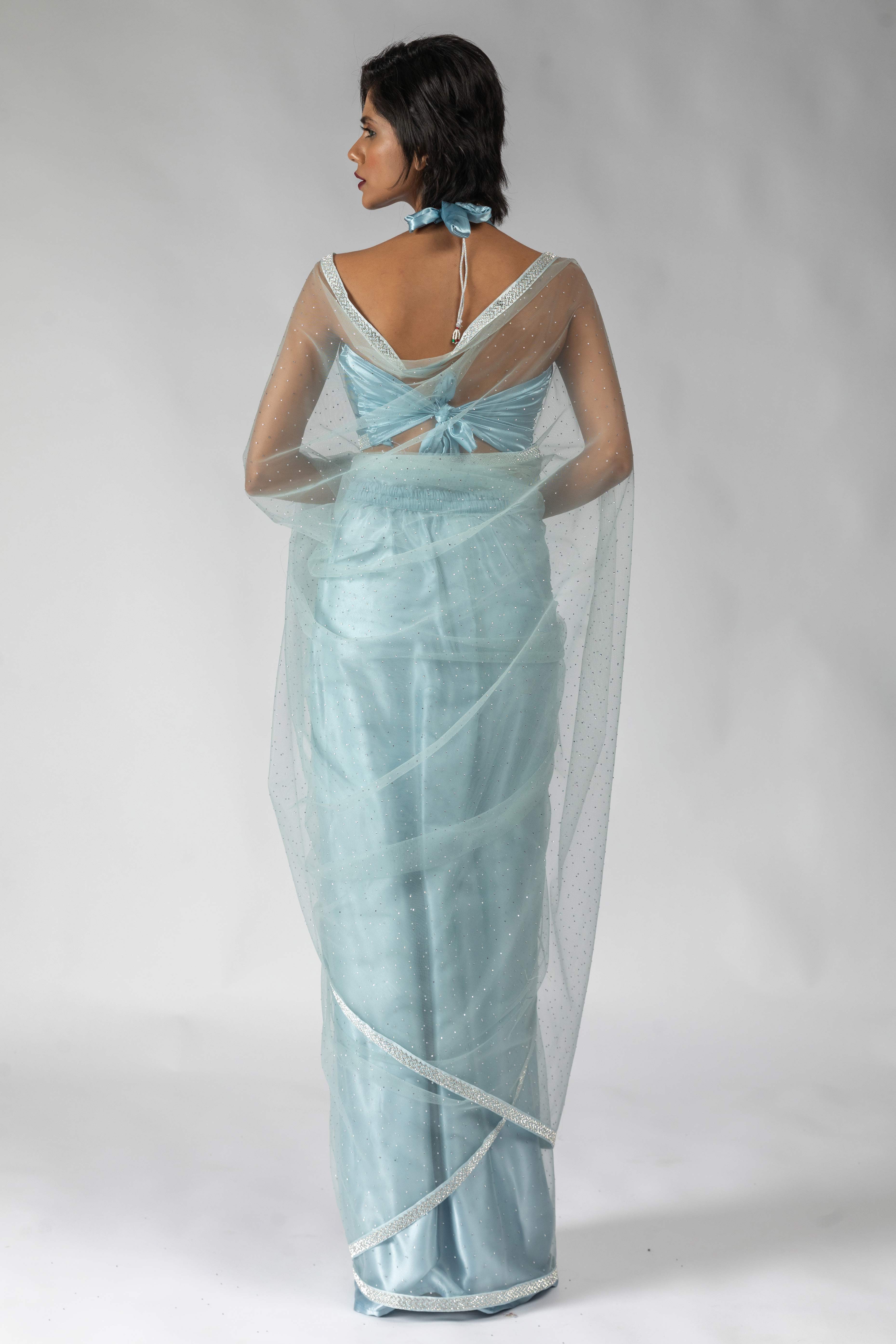 Blue Intricate Zarkan Detailing Soft Net Ready To Wear Saree