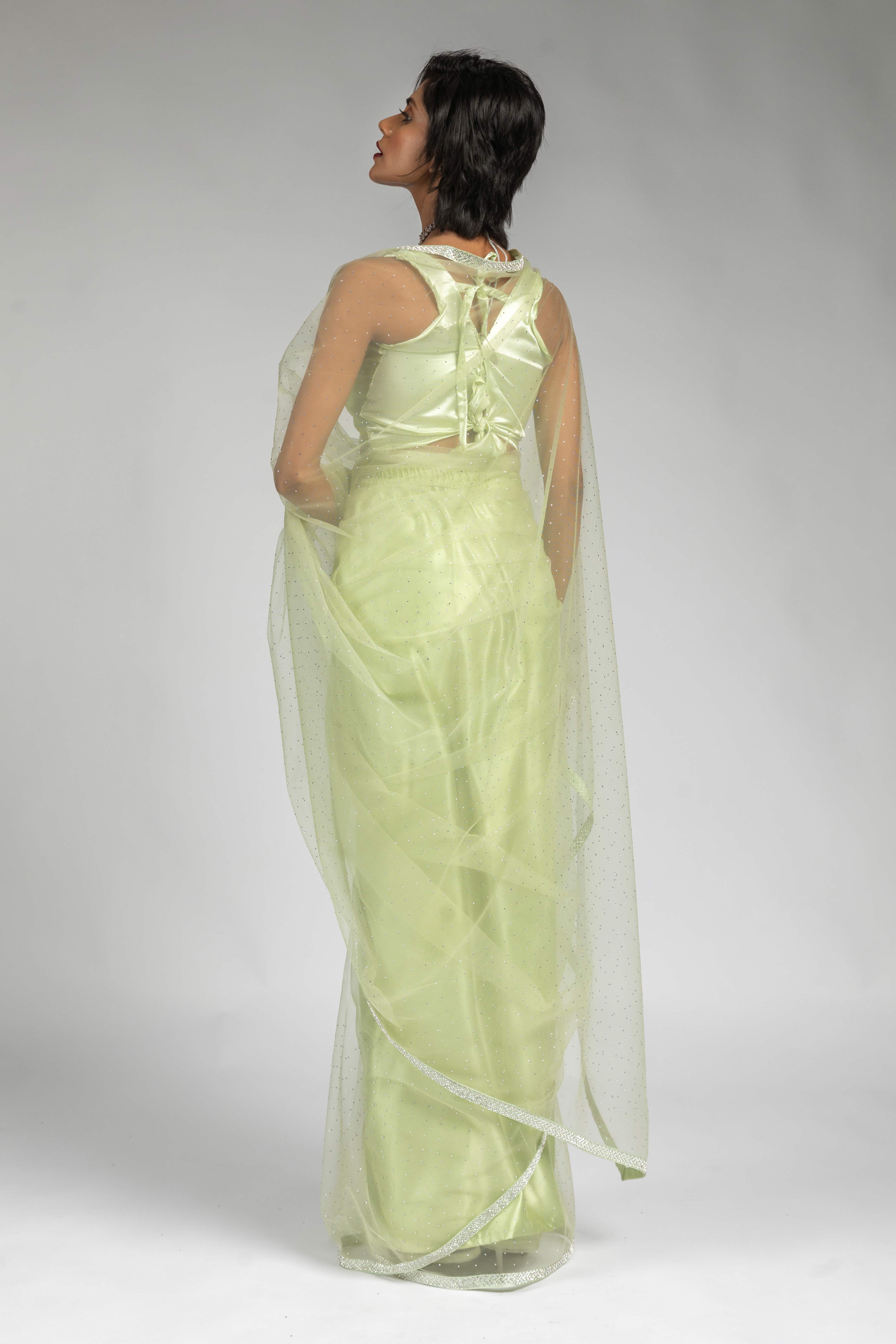 Tea Green Intricate Zarkan Detailing Soft Net Ready To Wear Saree