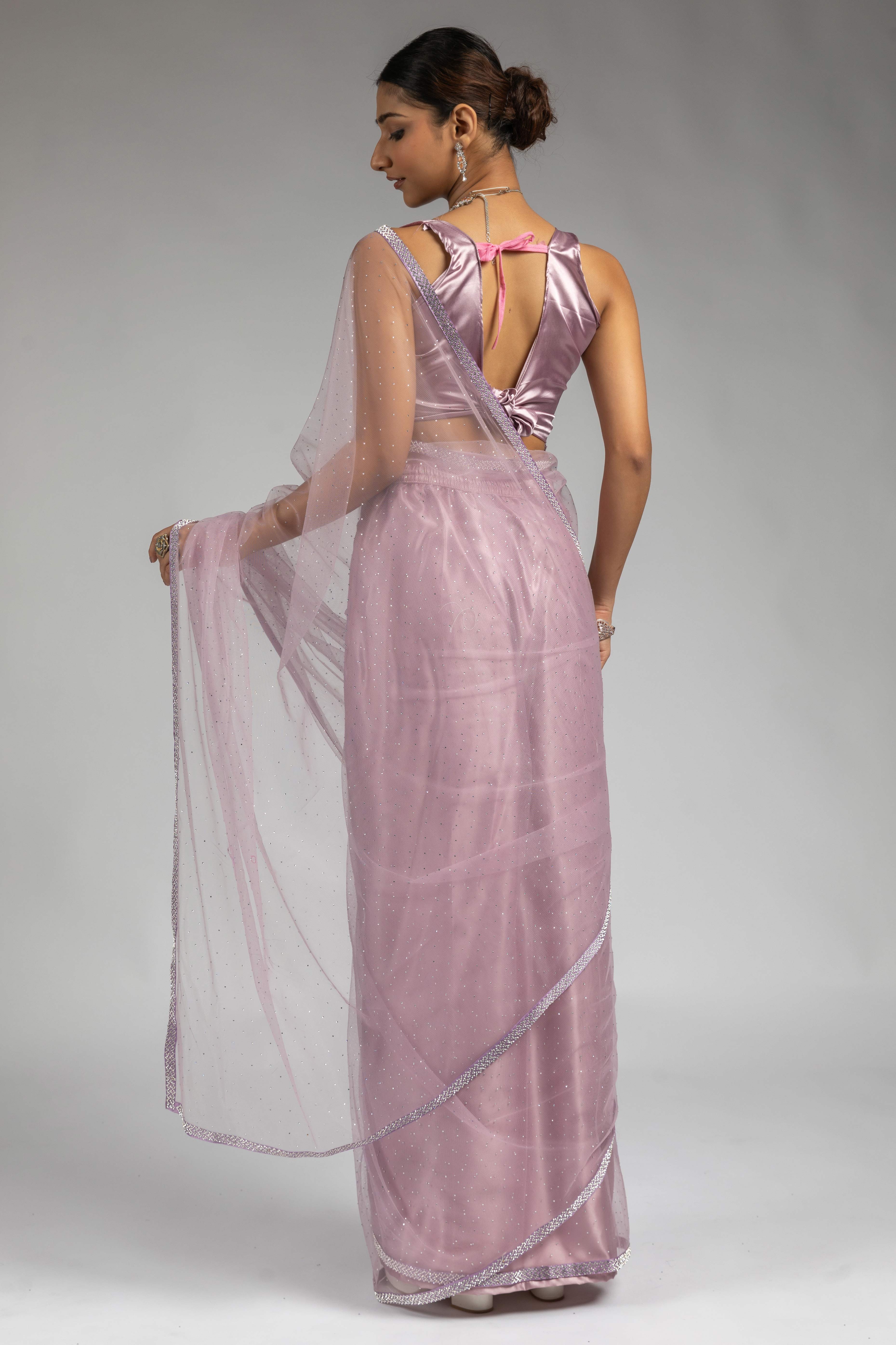 Light Purple Intricate Zarkan Detailing Soft Net Ready To Wear Saree