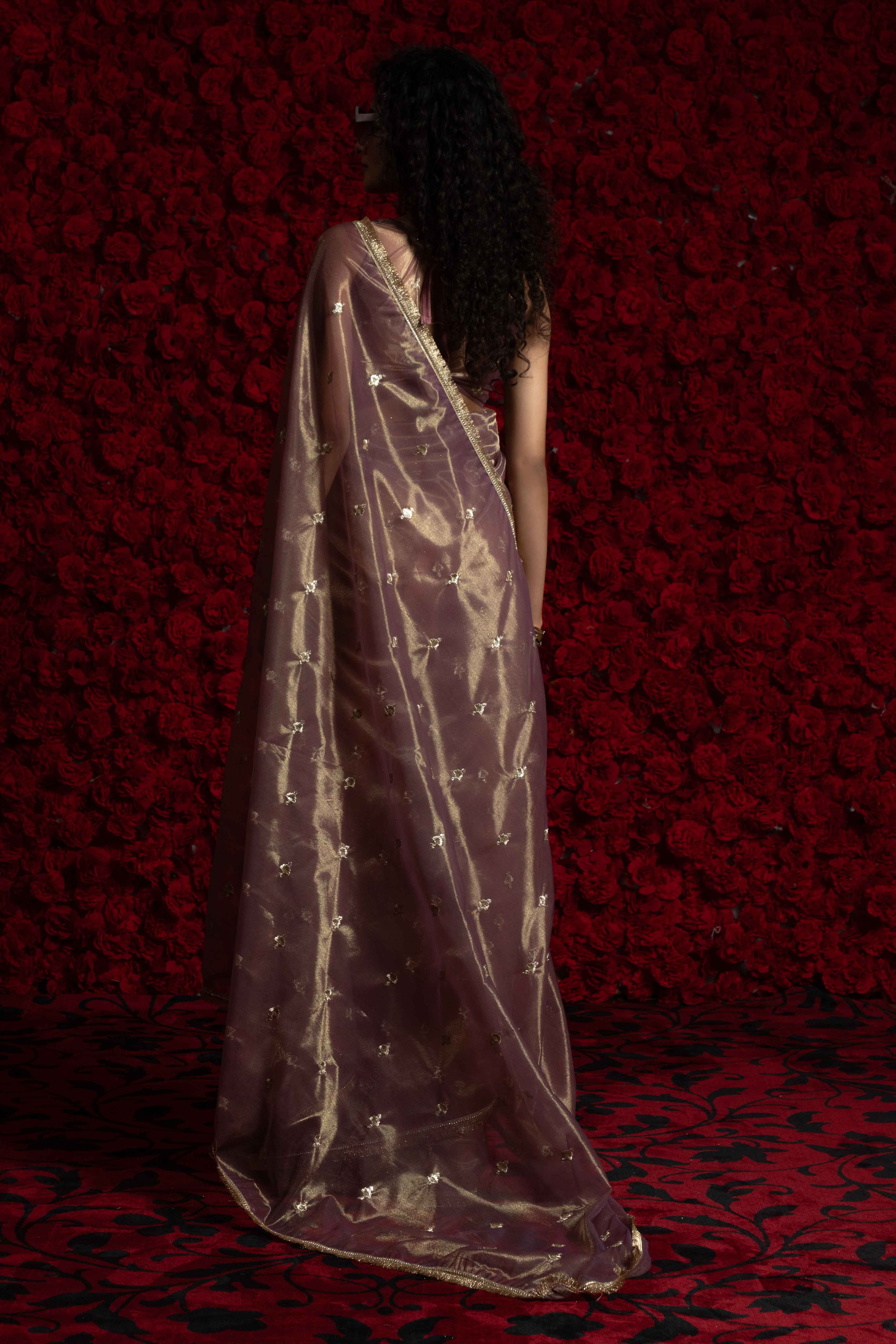 Purple Floral Zari Embroidered Net Organza Saree with Intricate Handwork Lace Border