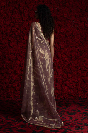 Purple Floral Zari Embroidered Net Organza Saree with Intricate Handwork Lace Border