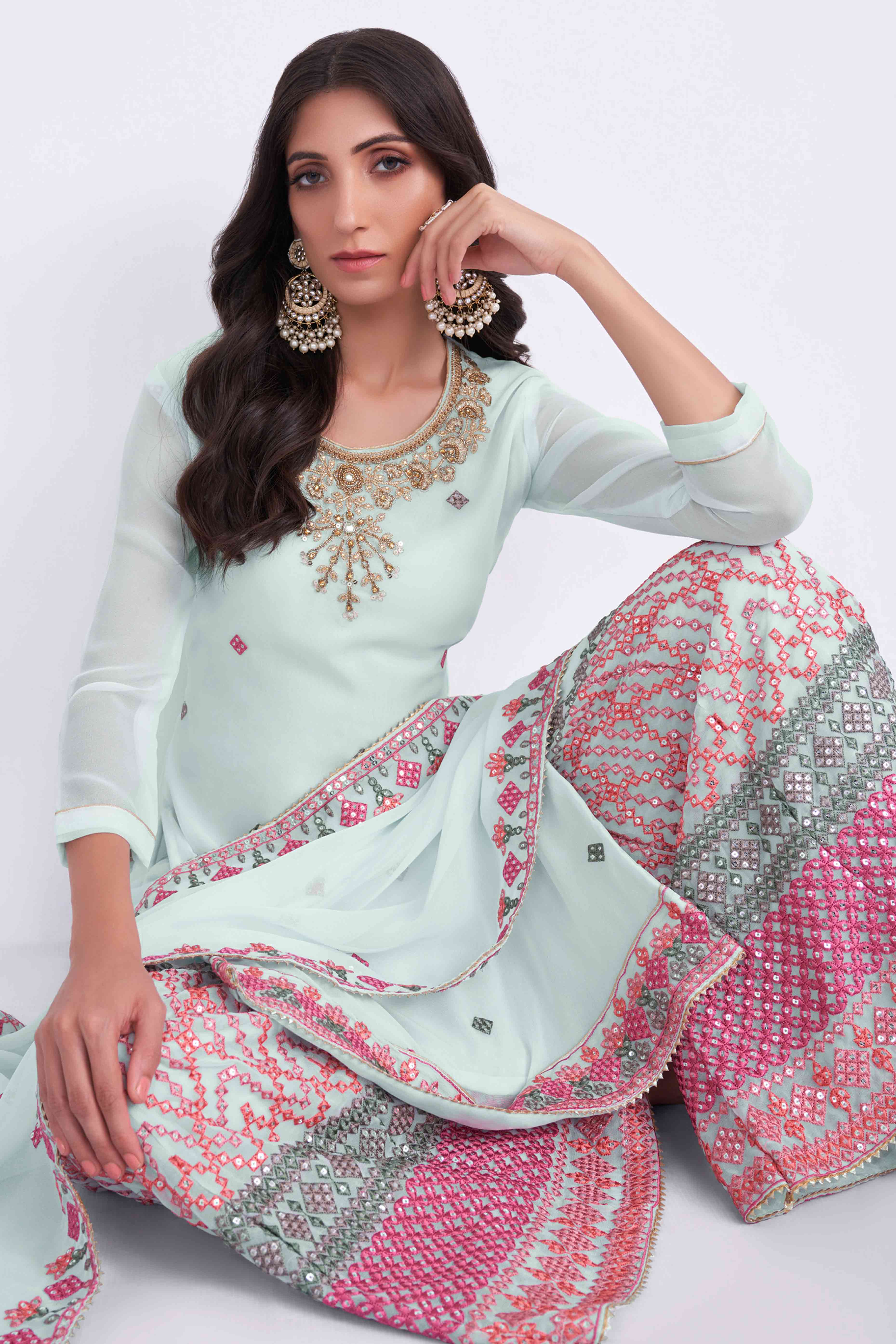 Light Blue Sequins Embroidered With Stonework Georgette Semi Stitched Suit