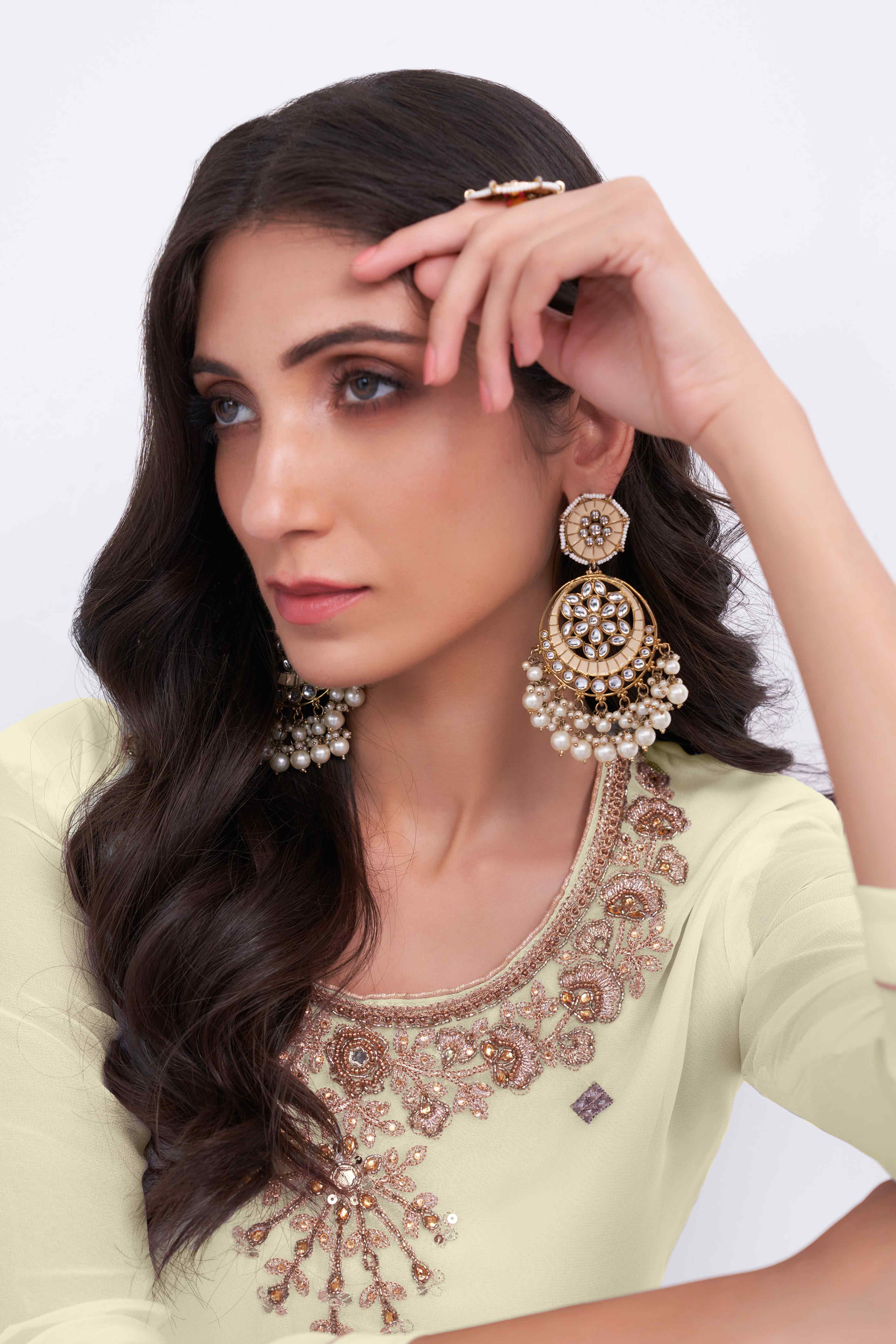 Light Yellow Sequins Embroidered With Stonework Georgette Semi Stitched Suit
