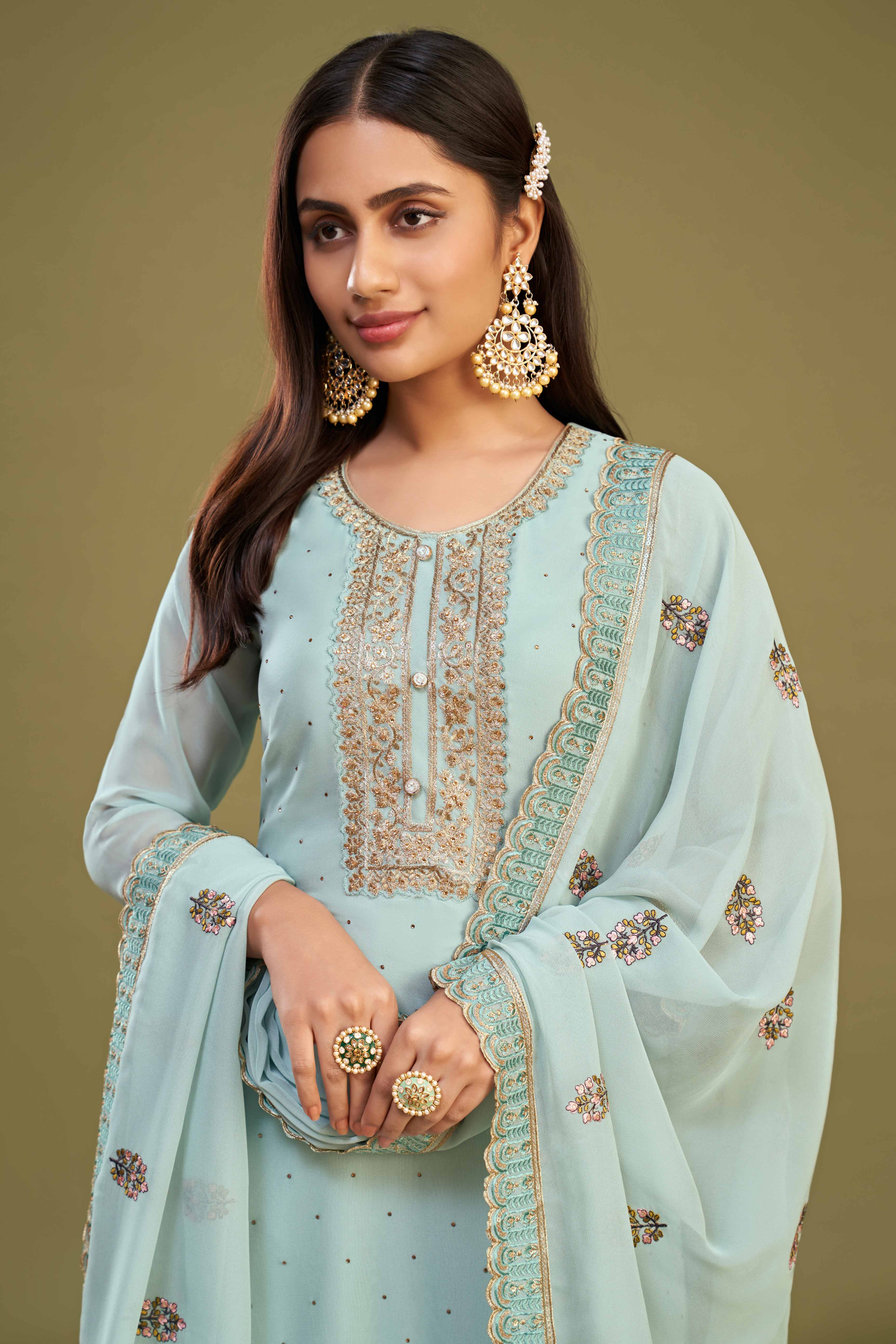 Blue Floral Embroidery With Swarovski Work Georgette Semi Stitched Suit