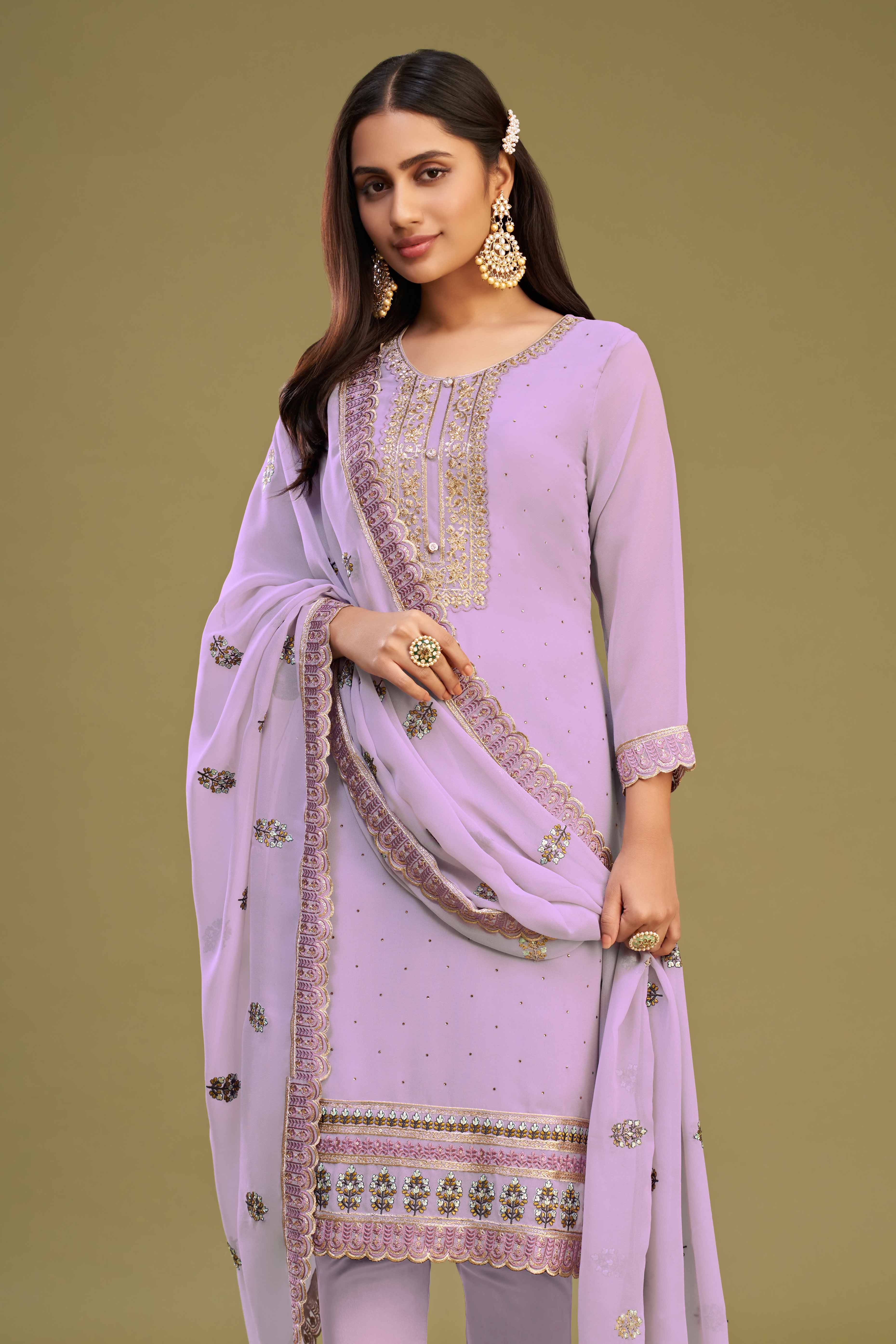 Lavender Floral Embroidery With Swarovski Work Georgette Semi Stitched Suit