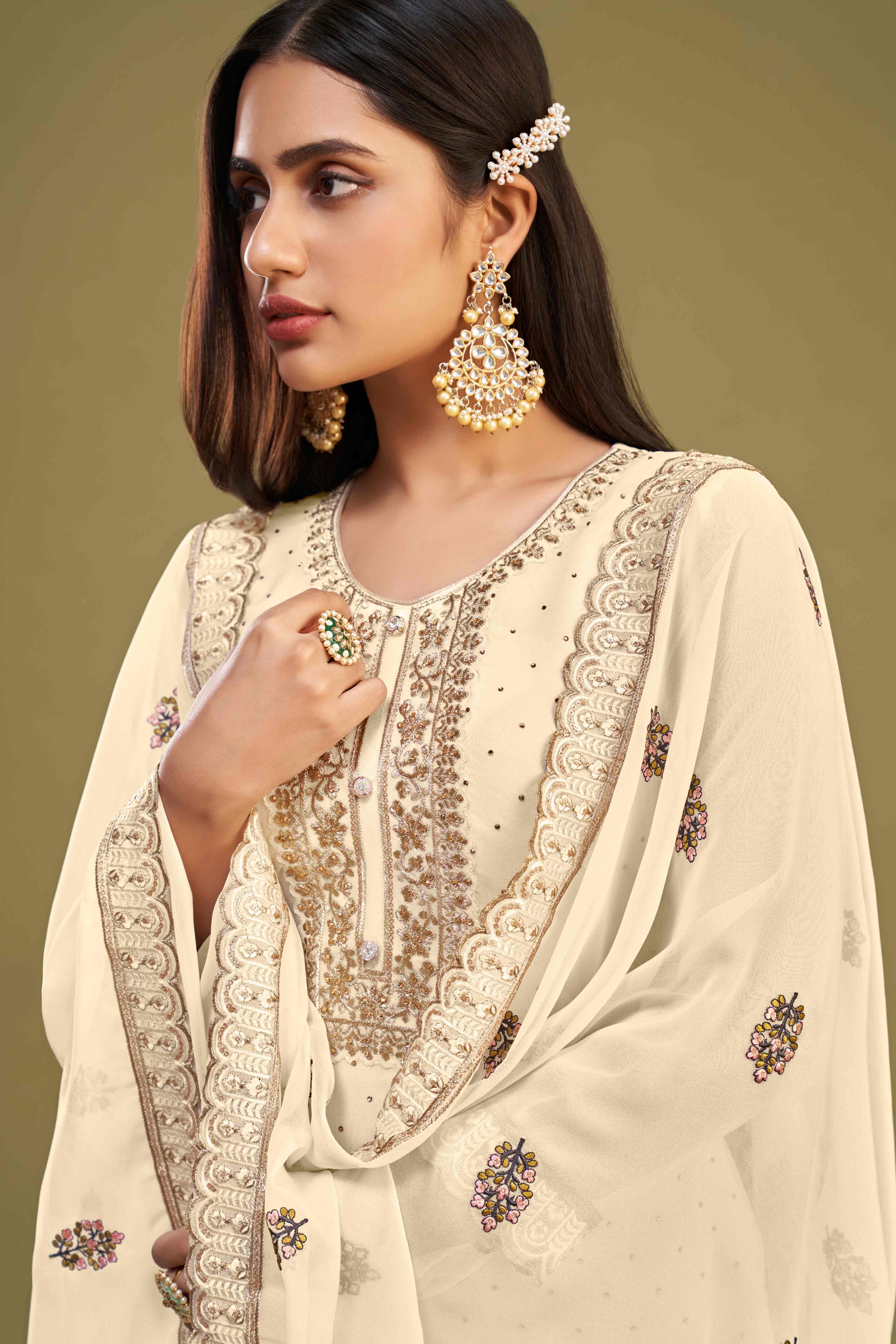 Offwhite Floral Embroidery With Swarovski Work Georgette Semi Stitched Suit
