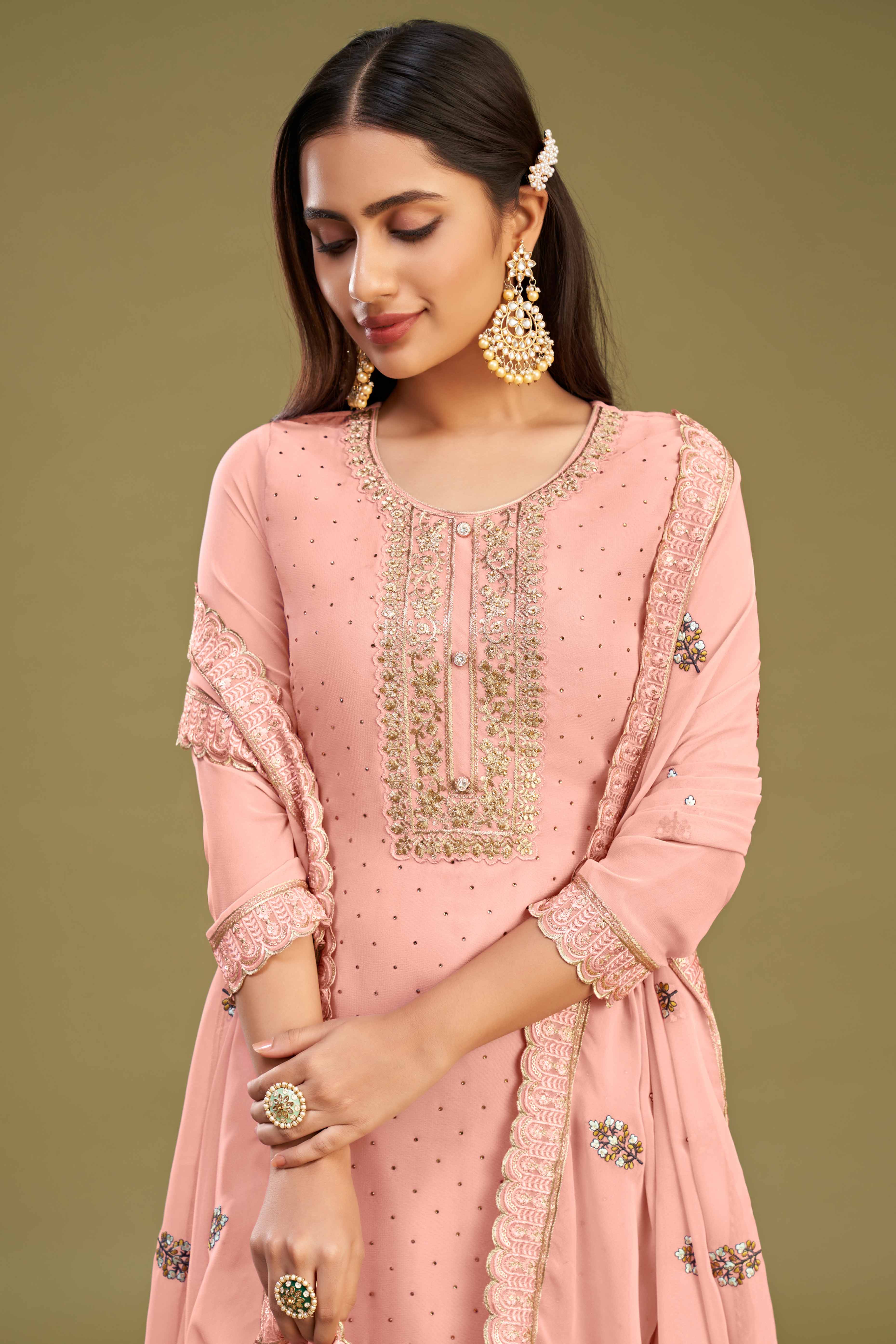 Gajari Pink Floral Embroidery With Swarovski Work Georgette Semi Stitched Suit