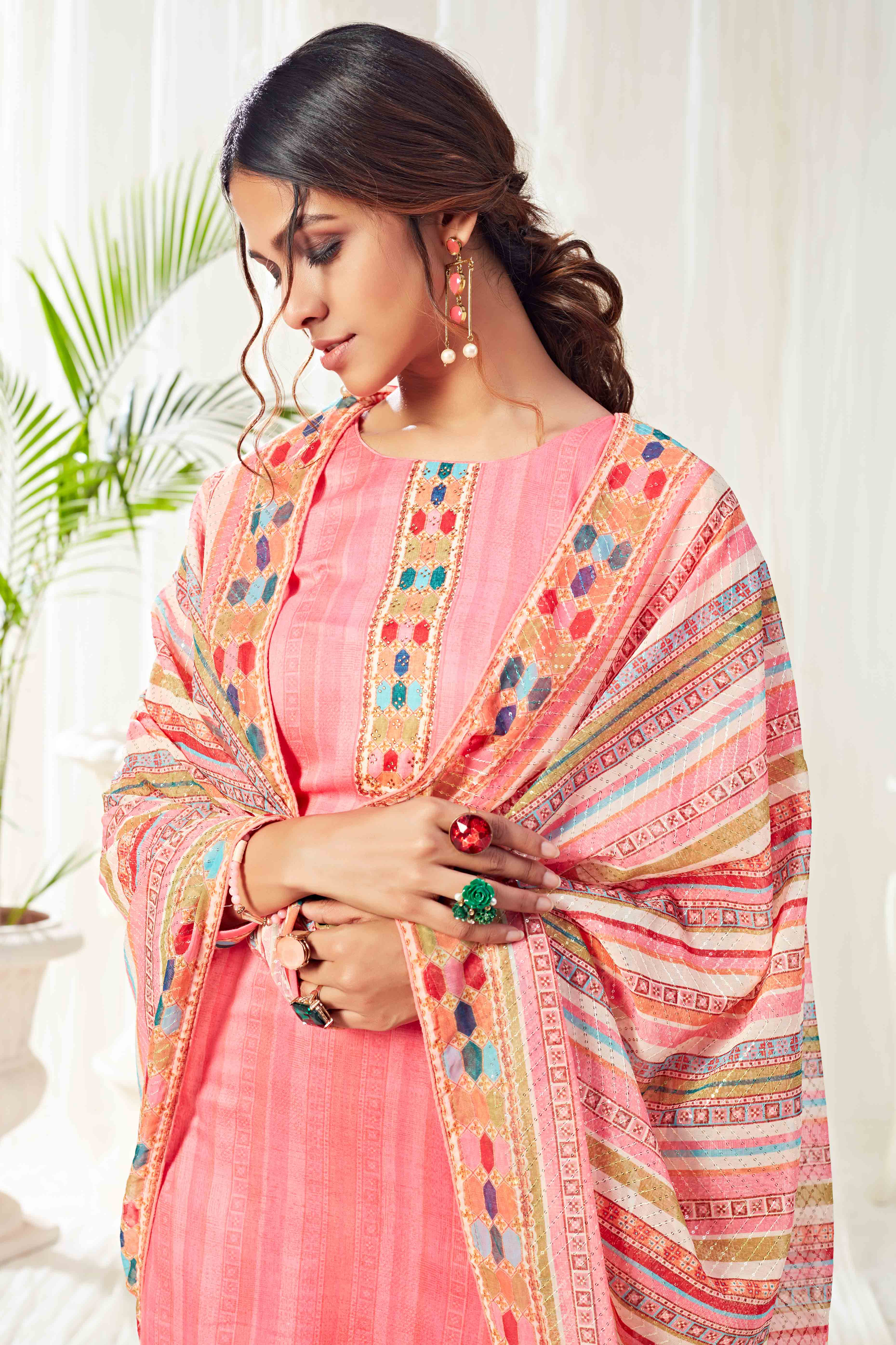 Pink Floral Digital Print Pure Cotton Dress Material With Sparkling Swarovski Embellishments