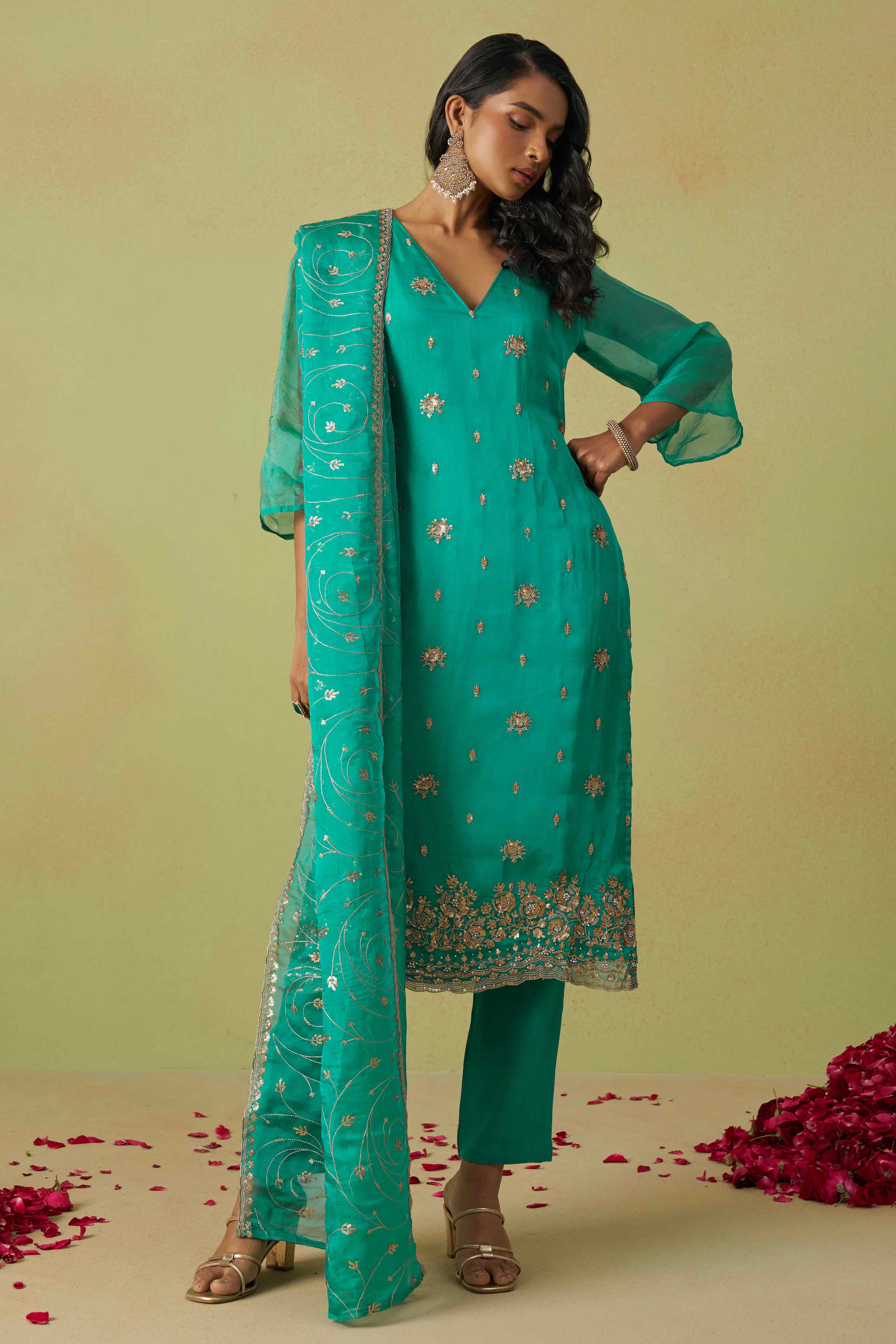 Turquoise Sequins Embroidery With Stonework Organza Shimmer Semi Stitched Suit