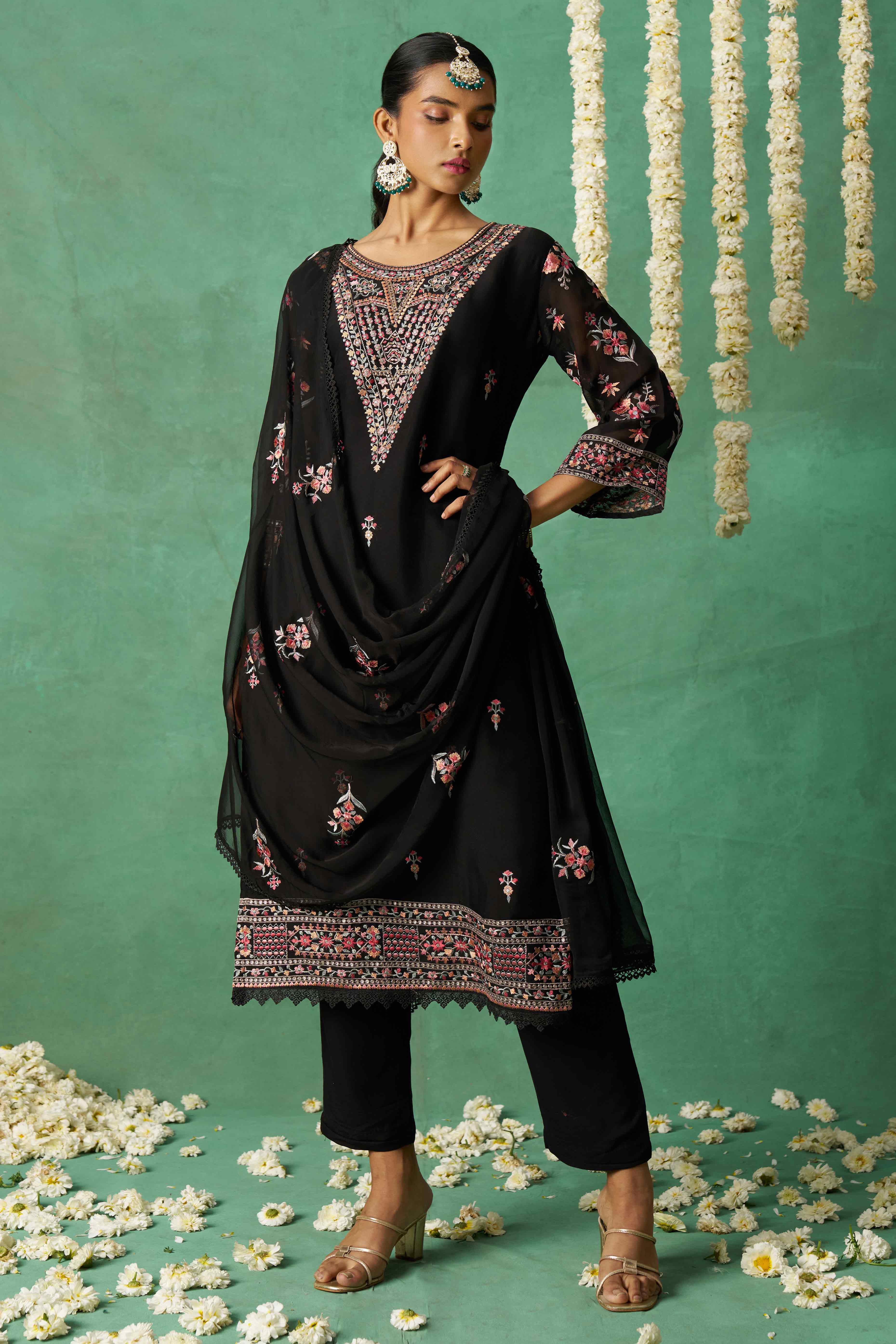 Black Floral Sequins Embroidered Organza Semi Stitched Suit
