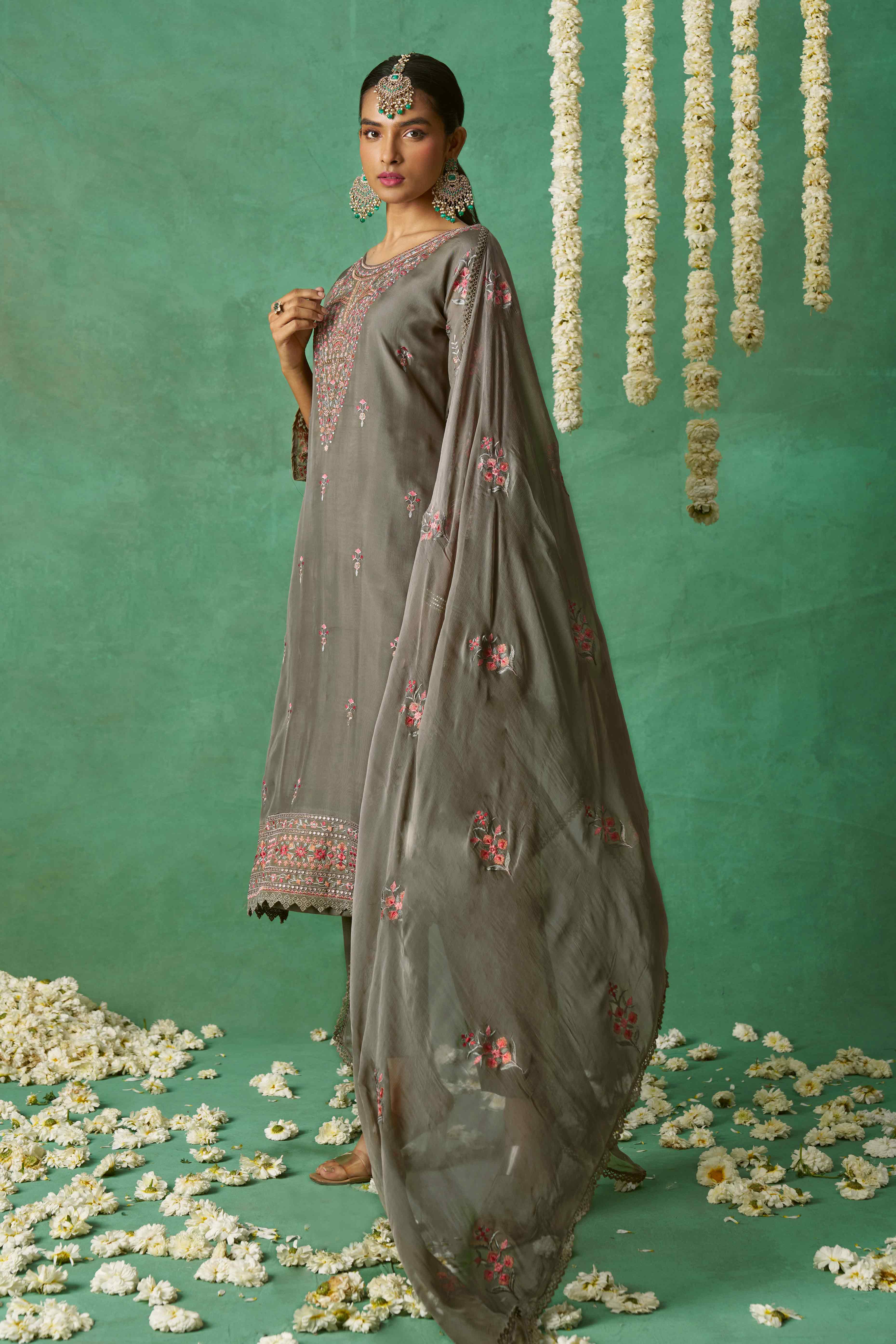 Grey Floral Sequins Embroidered Organza Semi Stitched Suit