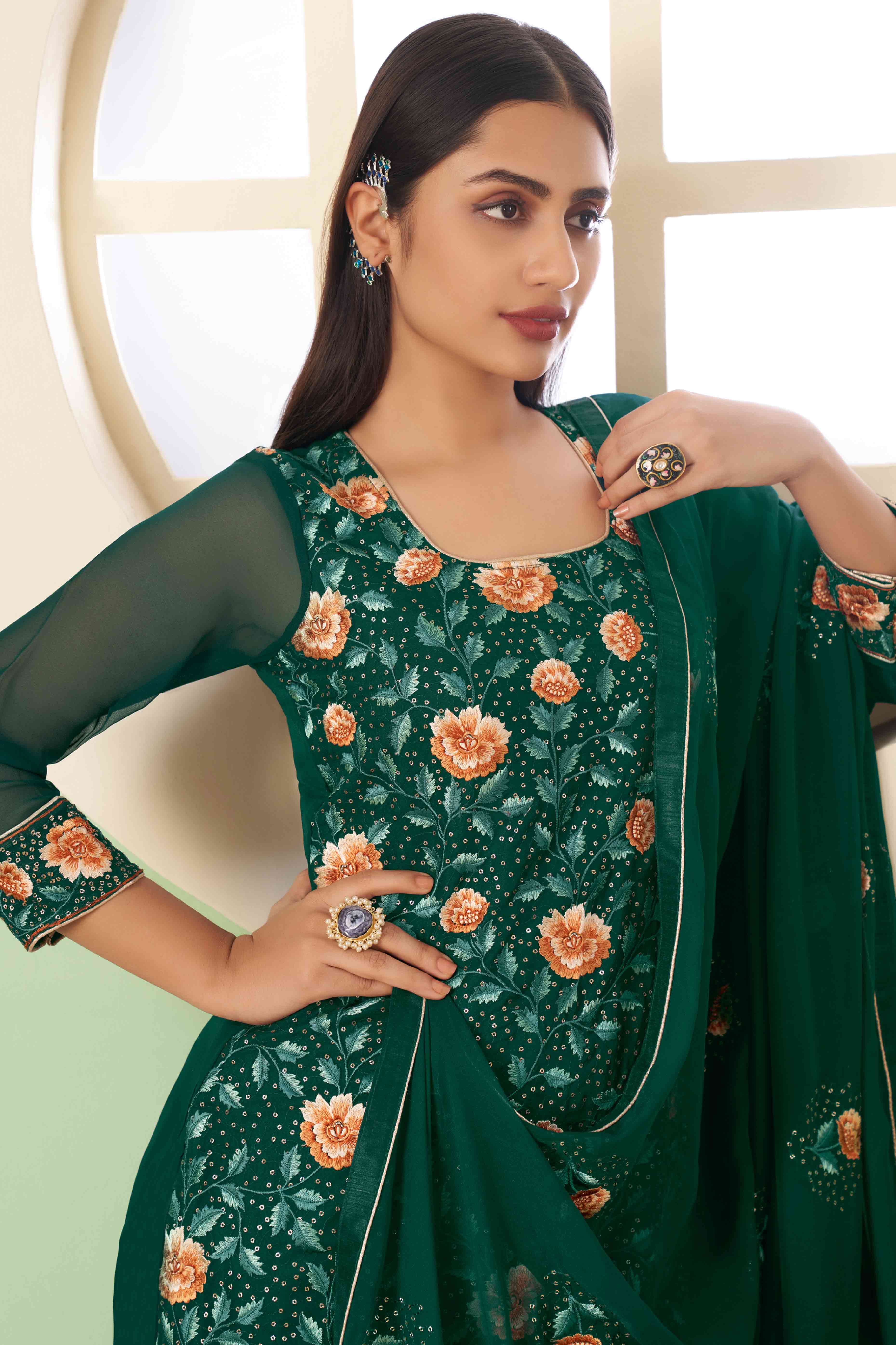 Green Floral Sequins Embroidered Georgette Semi Stitched Suit