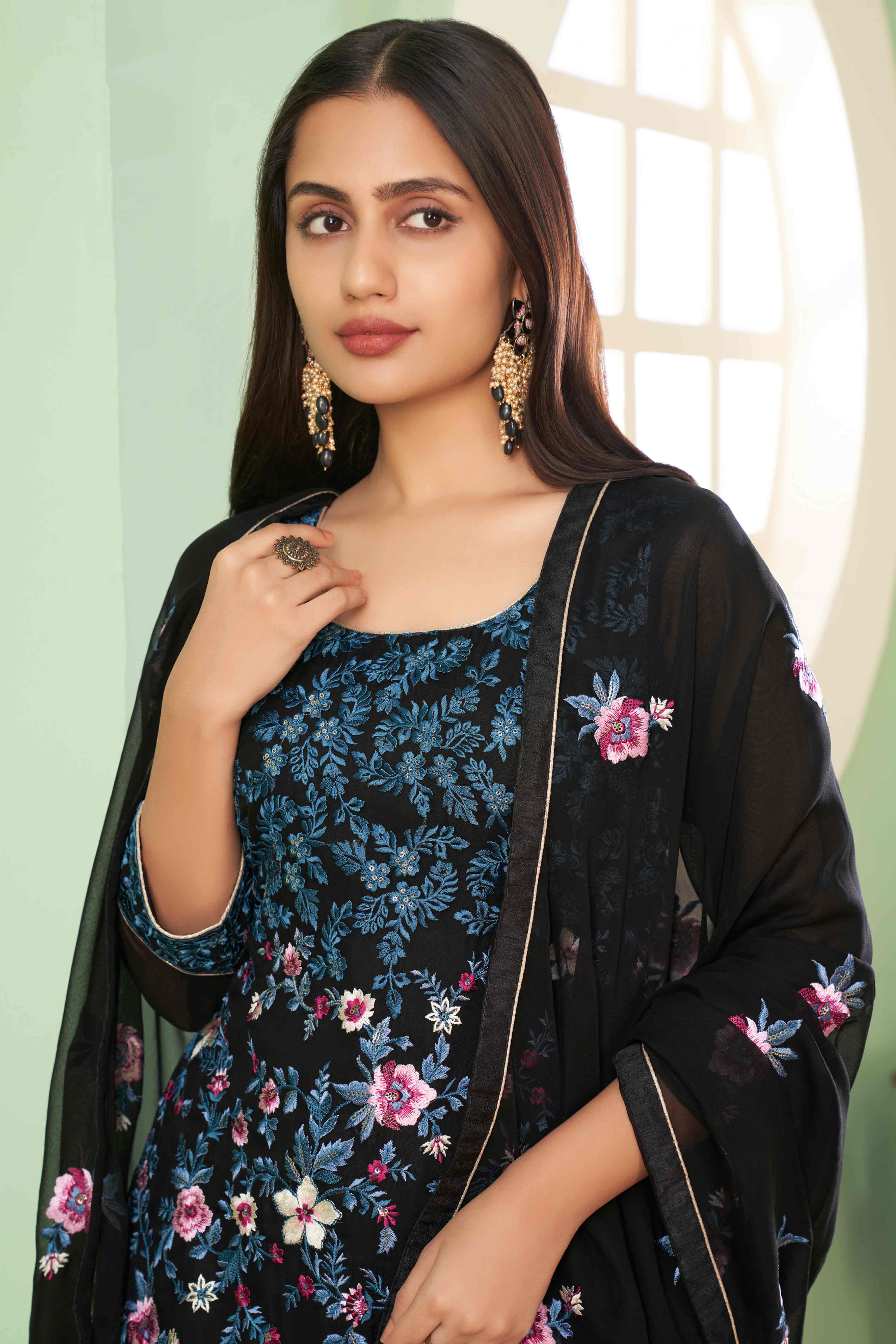 Black Floral Sequins Embroidered Georgette Semi Stitched Suit