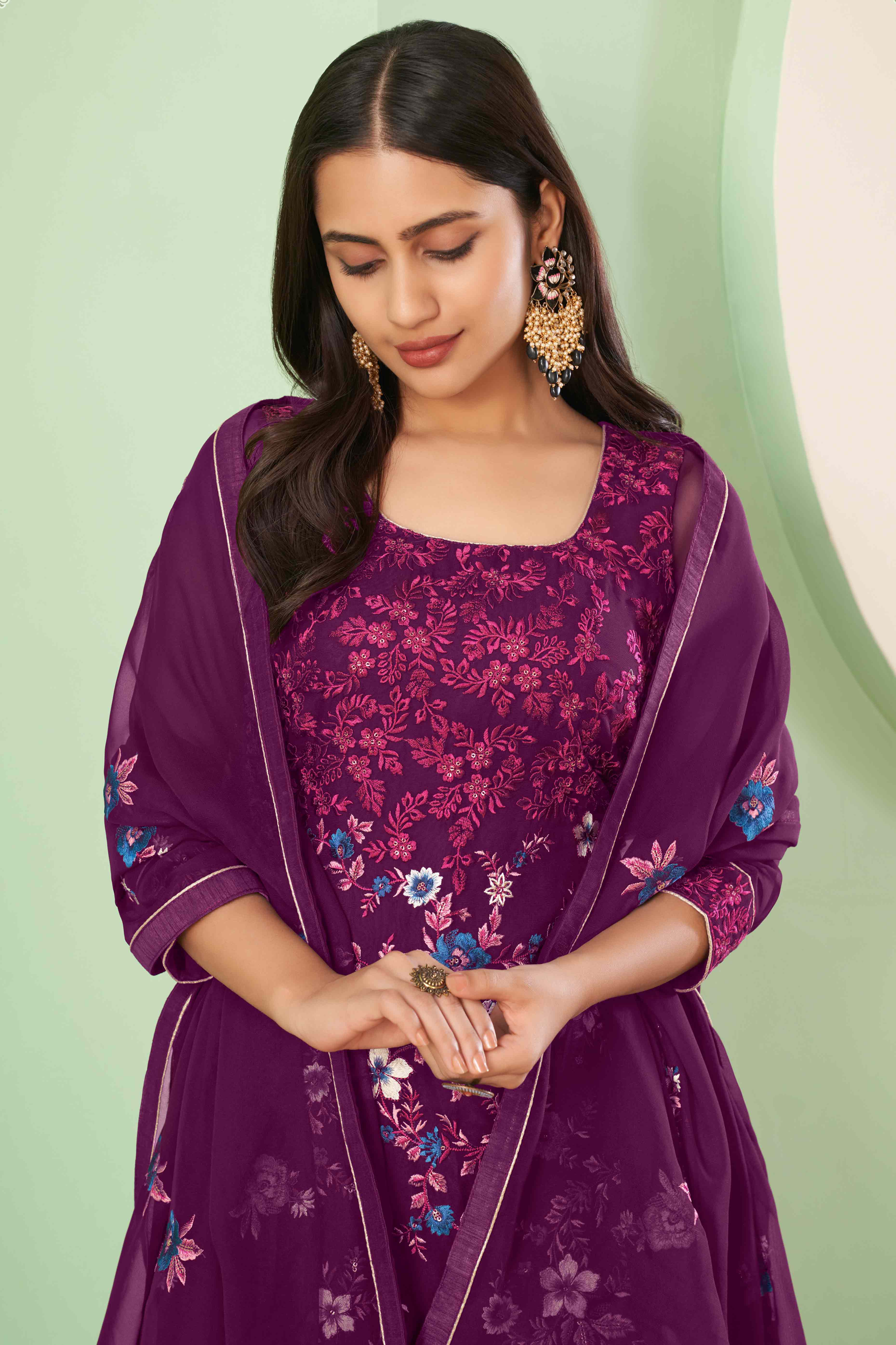 Purple Floral Sequins Embroidered Georgette Semi Stitched Suit