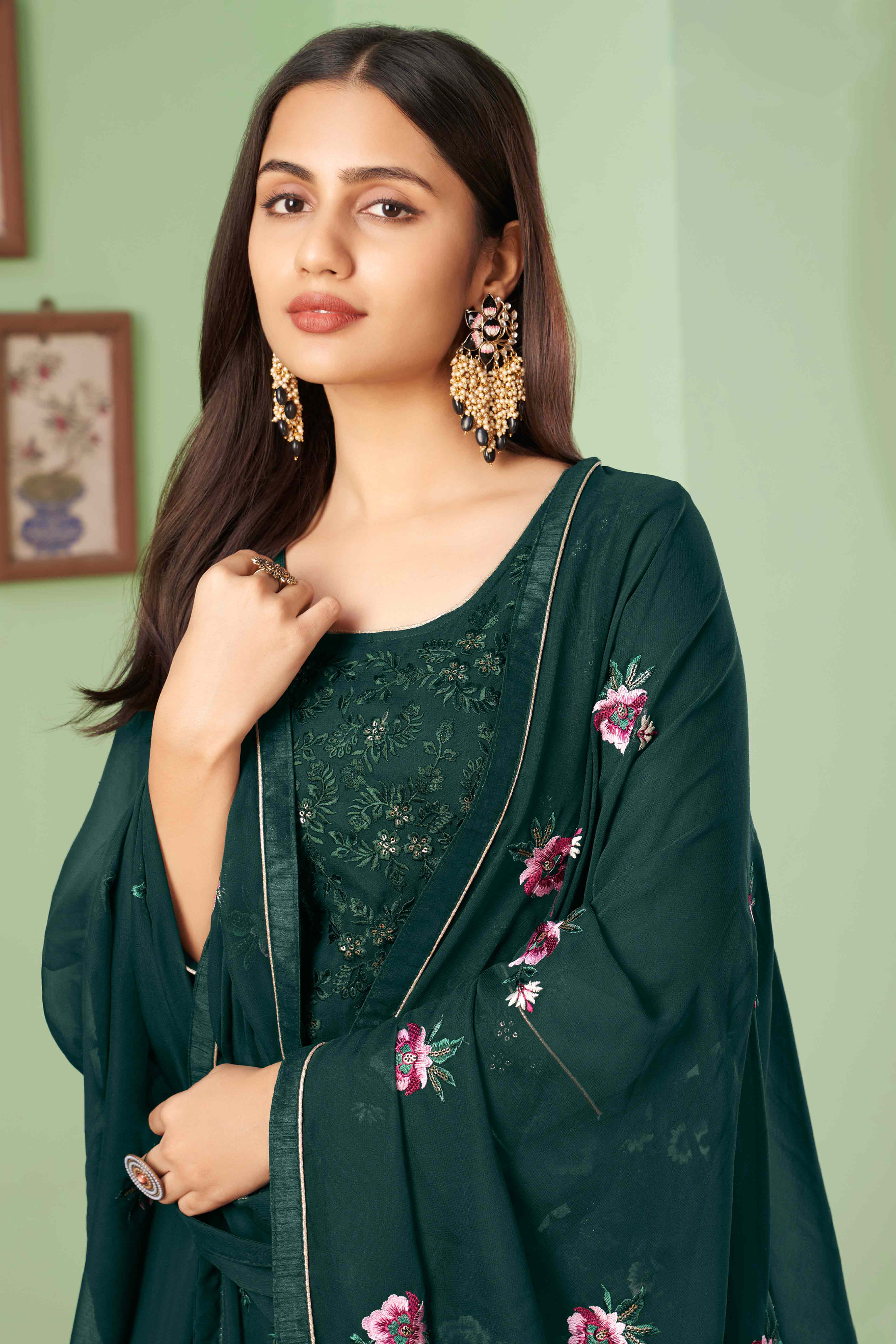 Green Floral Sequins Embroidered Georgette Semi Stitched Suit