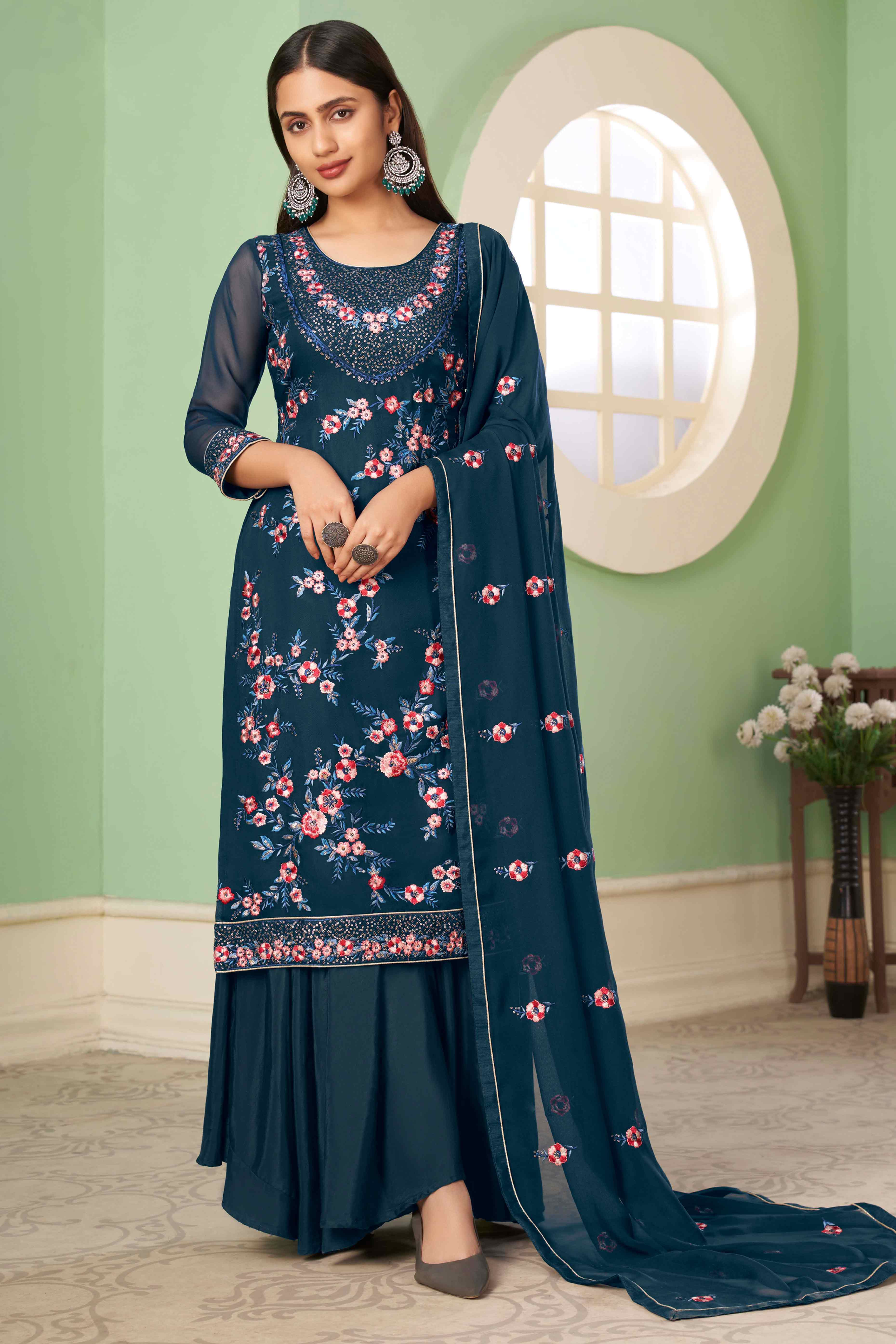 Blue Floral Sequins Embroidered Georgette Semi Stitched Suit