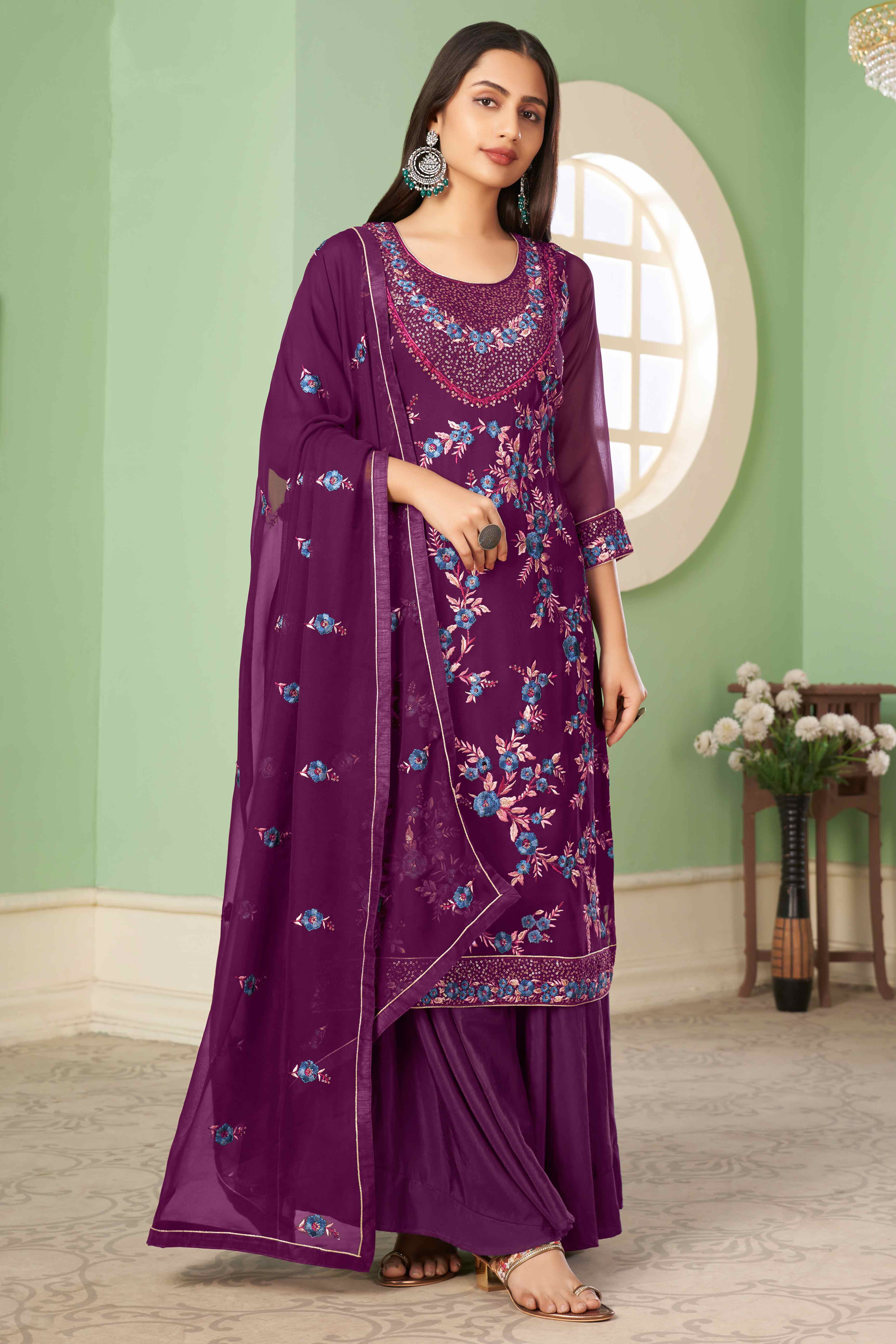 Purple Floral Sequins Embroidered Georgette Semi Stitched Suit