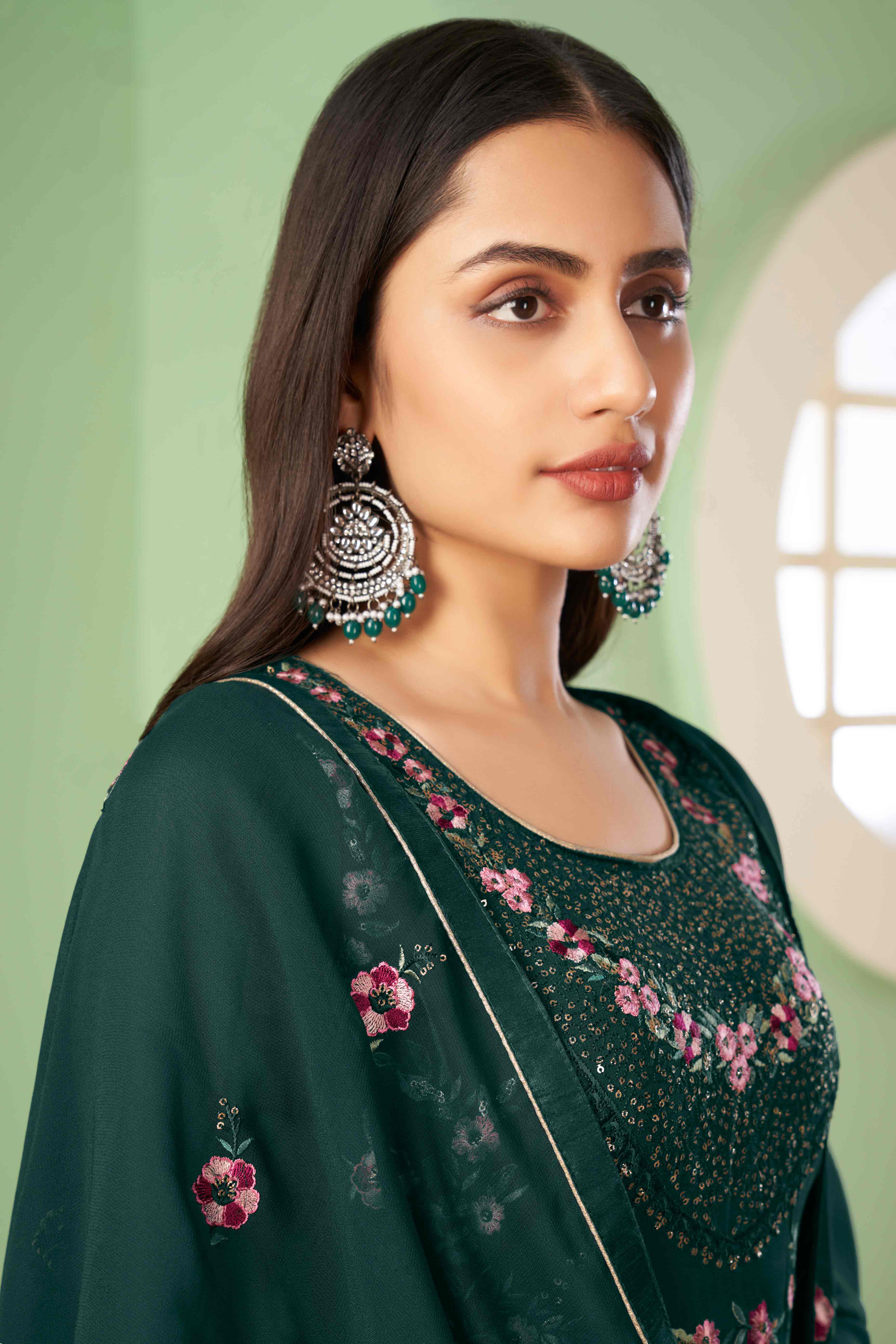 Green Floral Sequins Embroidered Georgette Semi Stitched Suit
