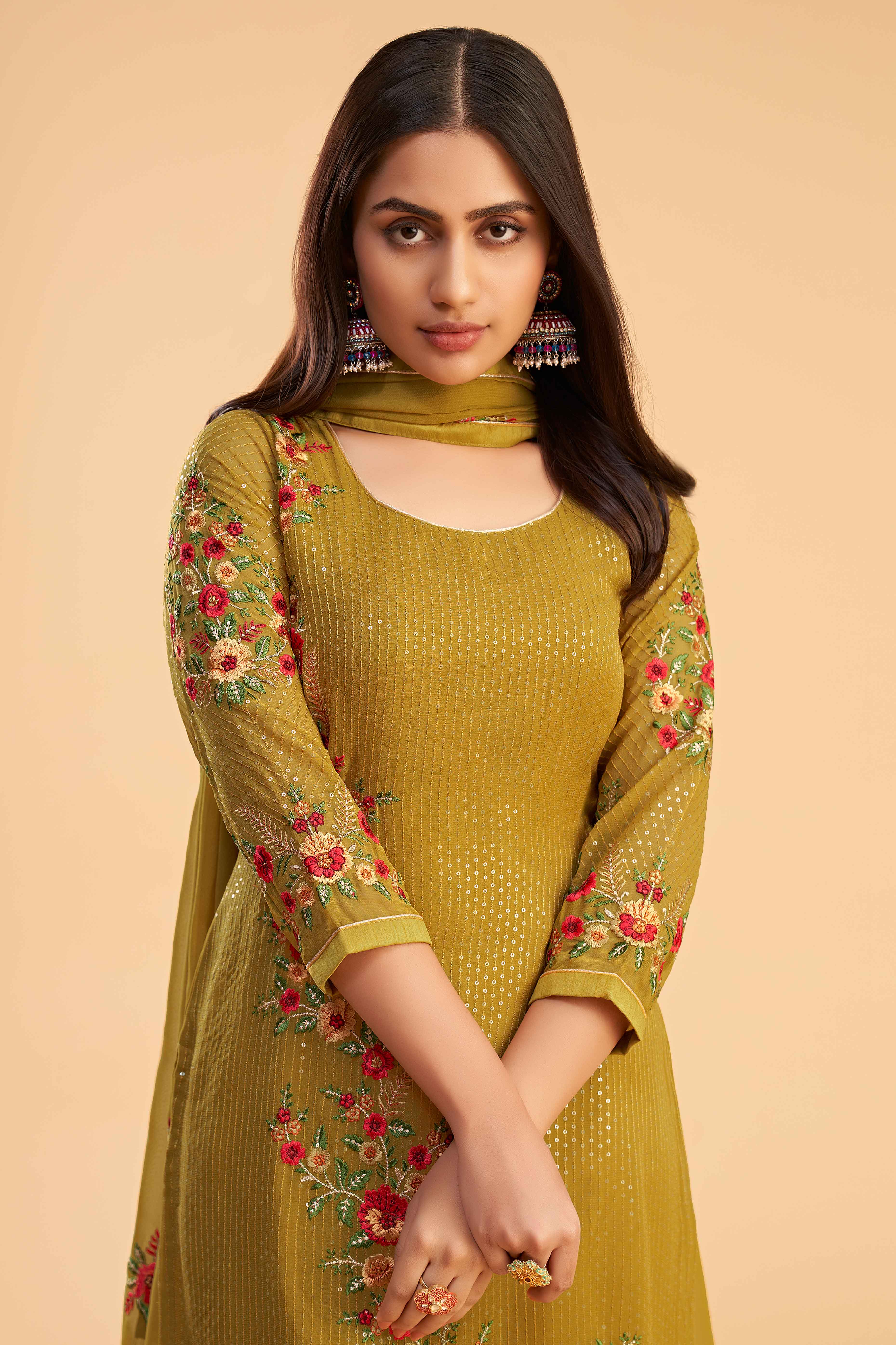 Mustard Floral Sequins Embroidered Georgette Semi Stitched Suit