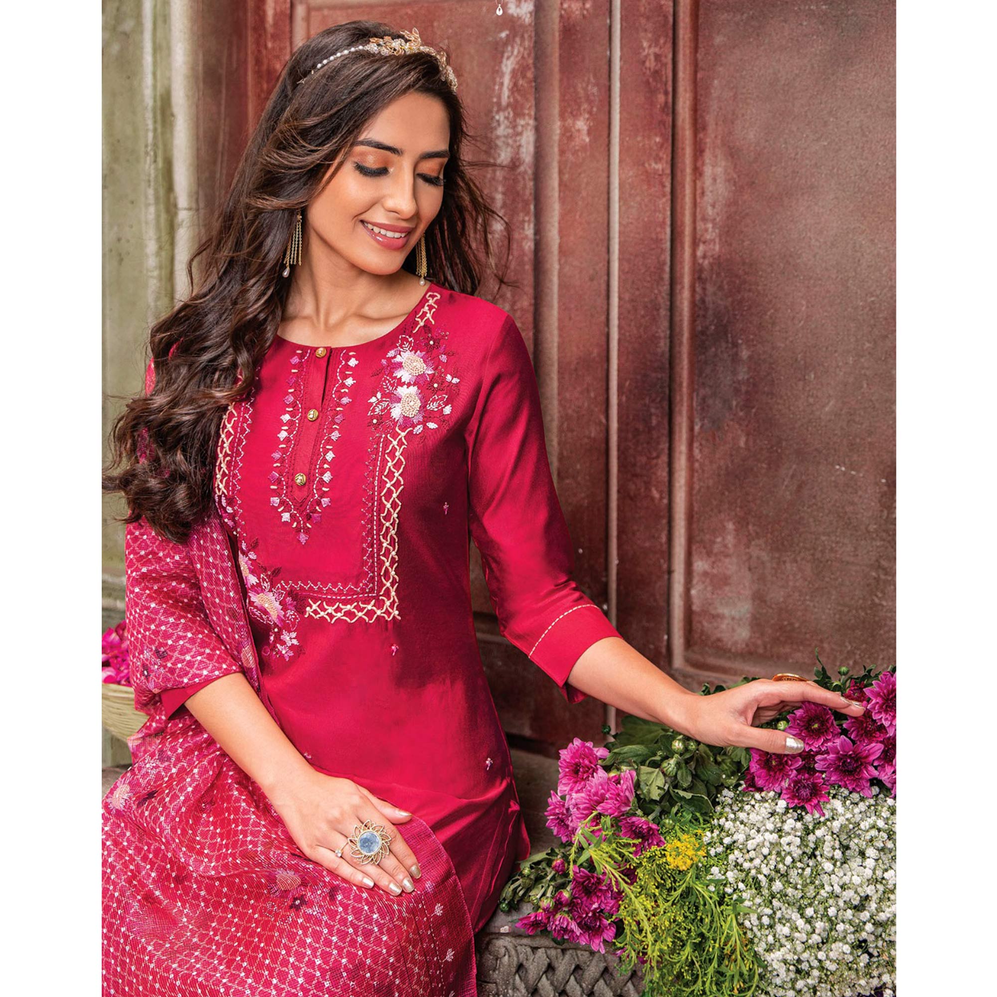 Pink Handwork Embroidered Viscose Salwar Suit