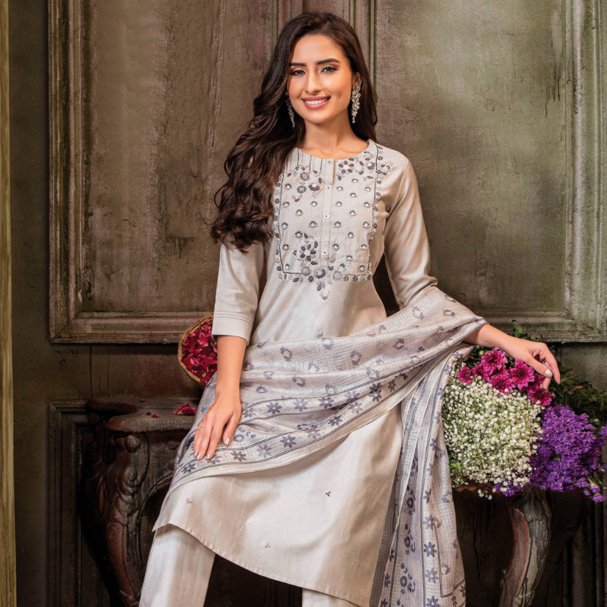 Women Boutique Collection Handwork Viscose Fendy Satin Semi Stitched Suit with Bottom and Dupatta