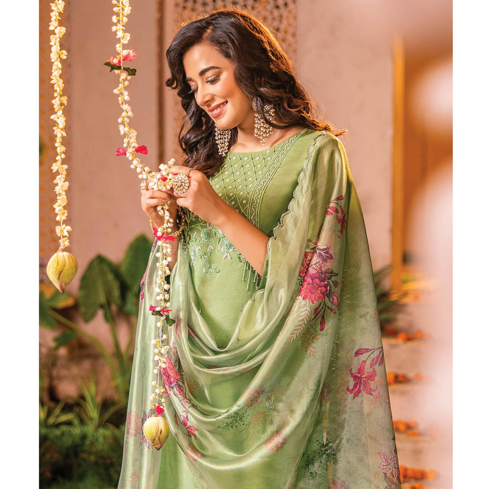 Green Handwork Embroidered Viscose Salwar Suit