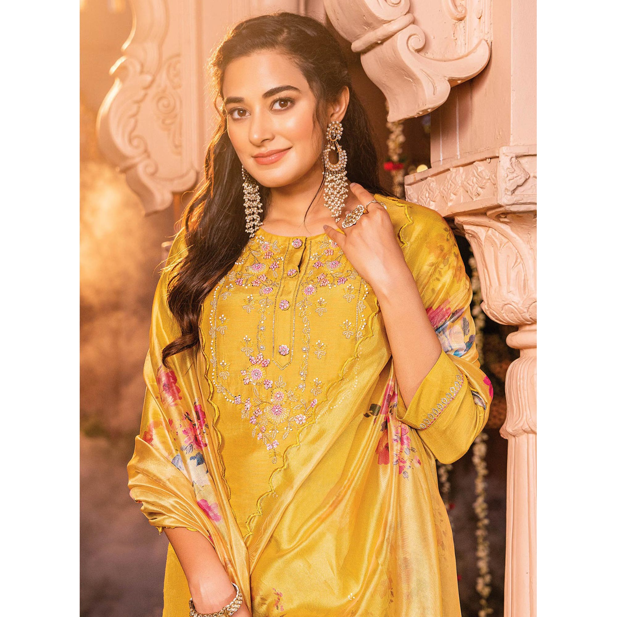 Yellow Handwork Embroidered Viscose Salwar Suit