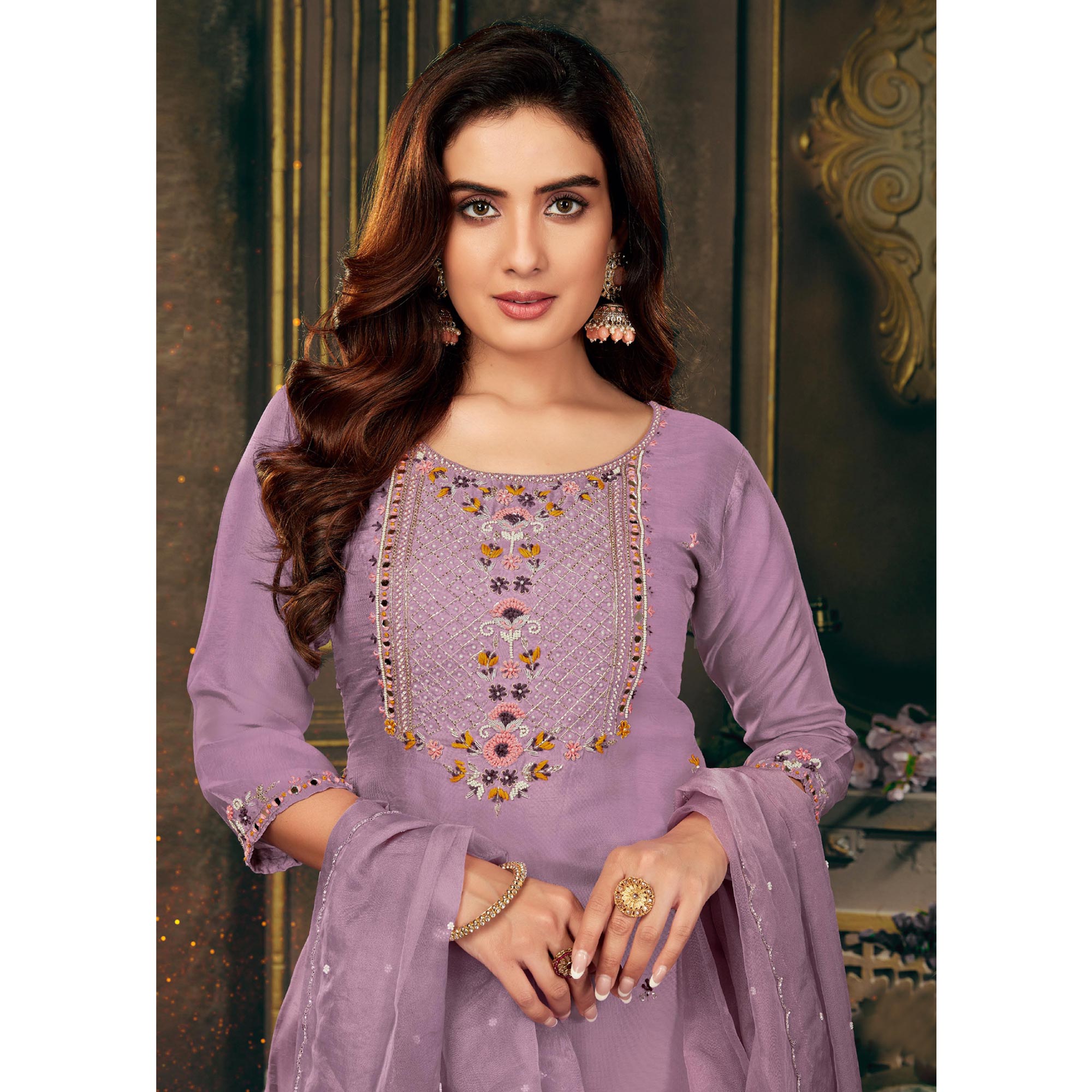 Purple Floral Embroidered Dola Silk Suit