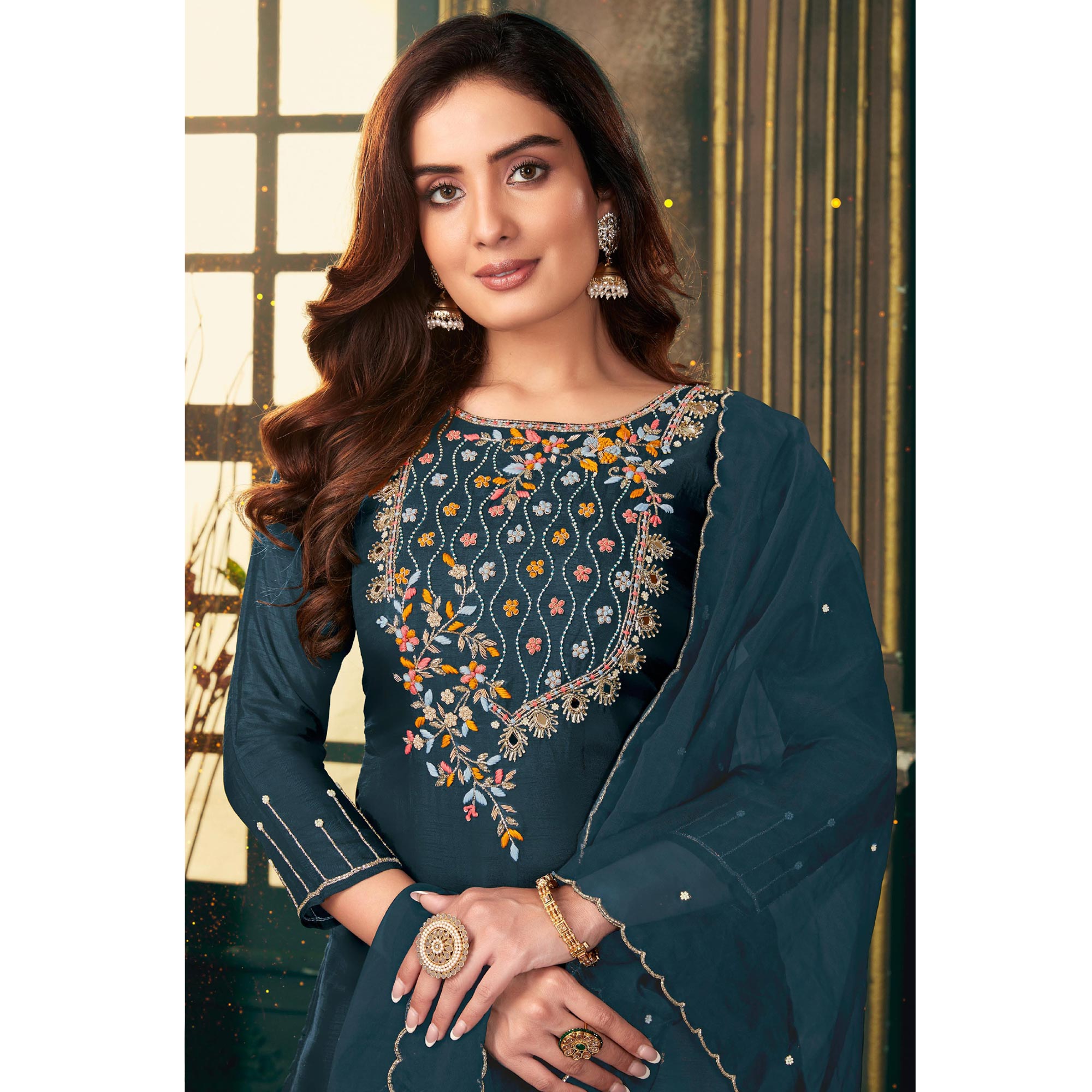 Teal Blue Floral Embroidered Dola Silk Suit