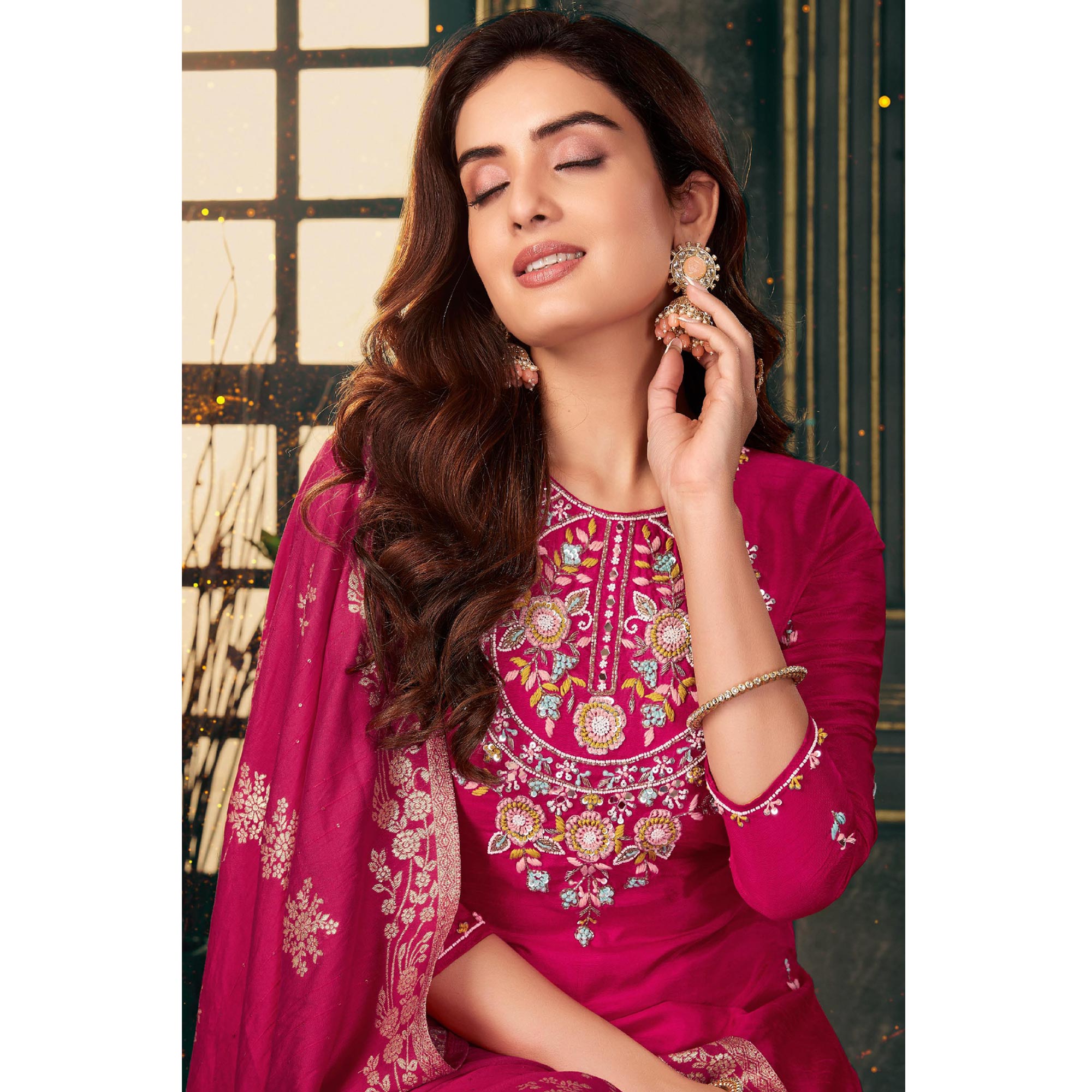 Pink Floral Embroidered Dola Silk Suit